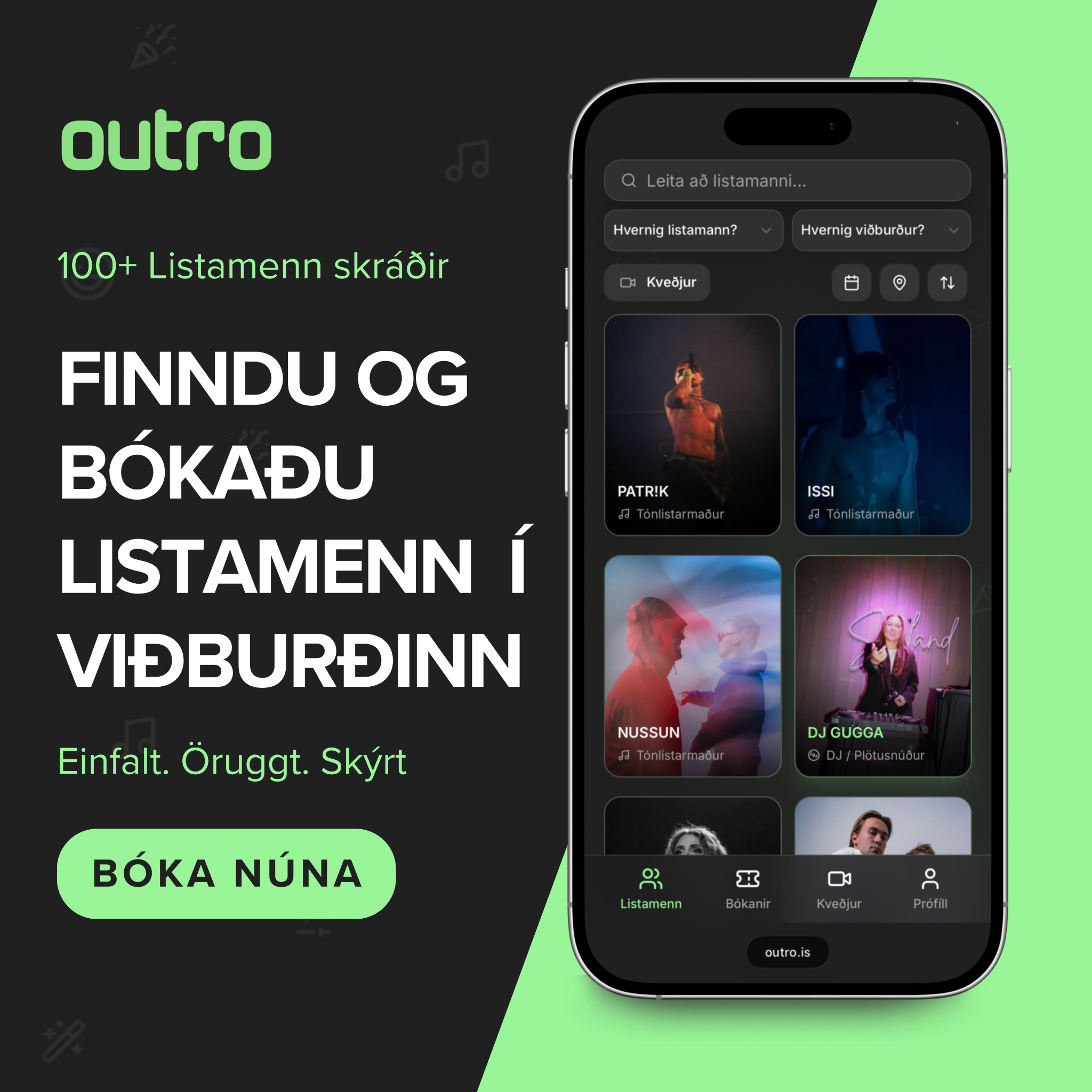 Outro Facebook ad: Bókaðu fyrir næsta viðburð á Outro