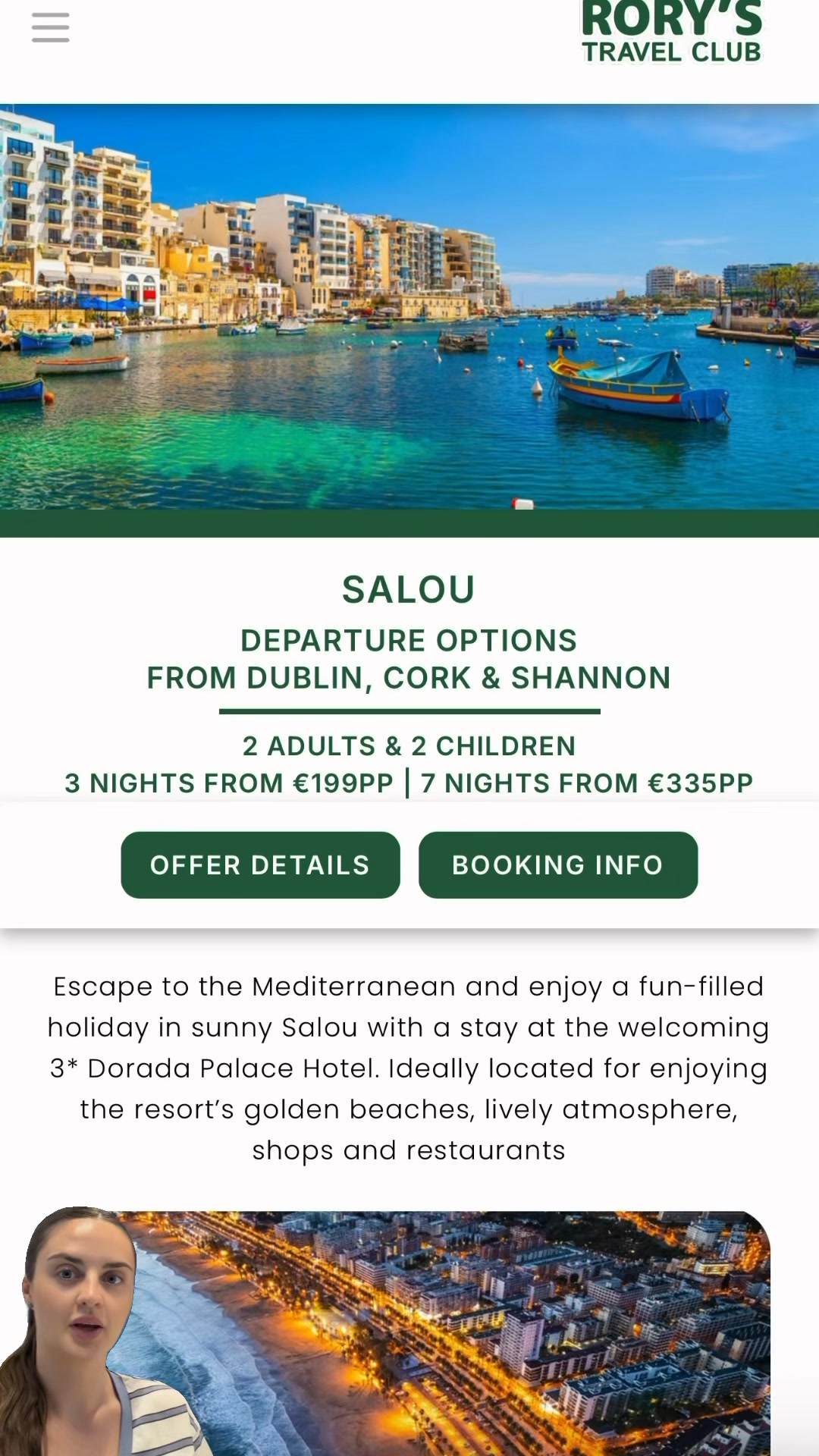 Rory’s Travel Club Facebook ad: Family of 4 to Salou from €199pp