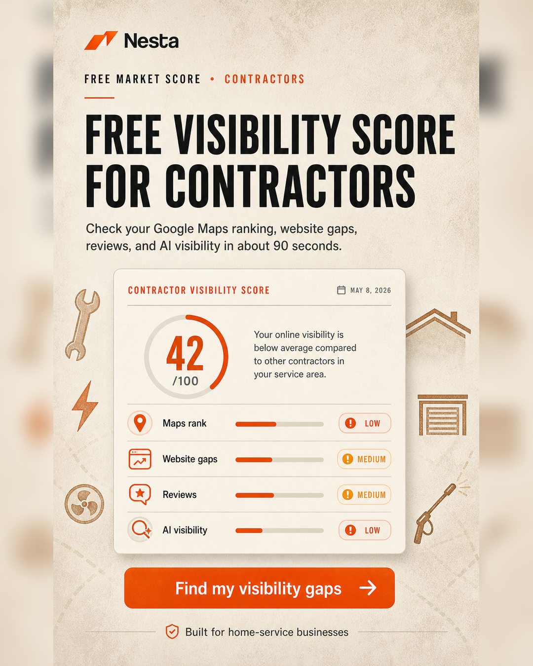 Nesta Sites Facebook ad: Free visibility score for contractors