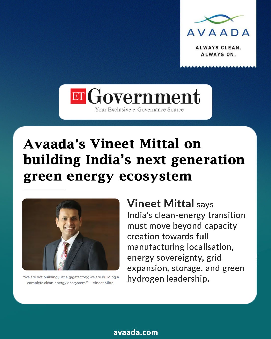 Avaada Group Facebook ad: Mr. @thevineetmittal, in a recent interaction with…