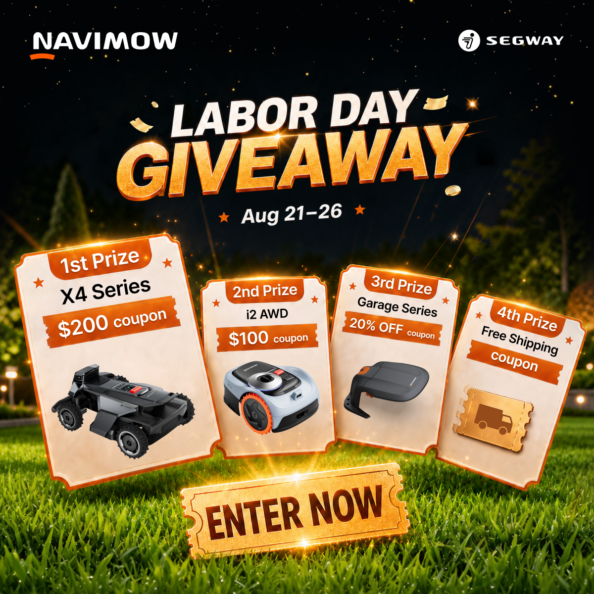 Segway Navimow Facebook ad: Navimow Labor Day Giveaway | Aug 21-26