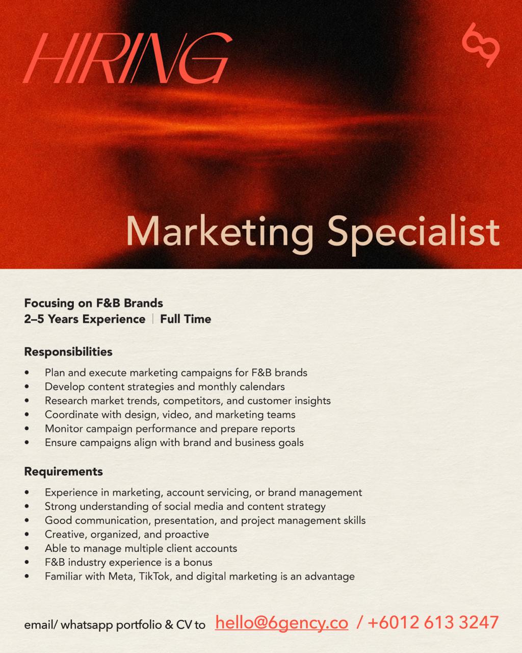6gency Creative 品牌营销 Facebook ad: WE’RE HIRING | Marketing Specialist