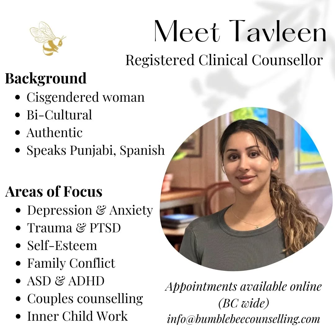 Bumblebee Counselling Facebook ad: Meet Tavleen! Tavleen (She/Her) is accepting new clients…