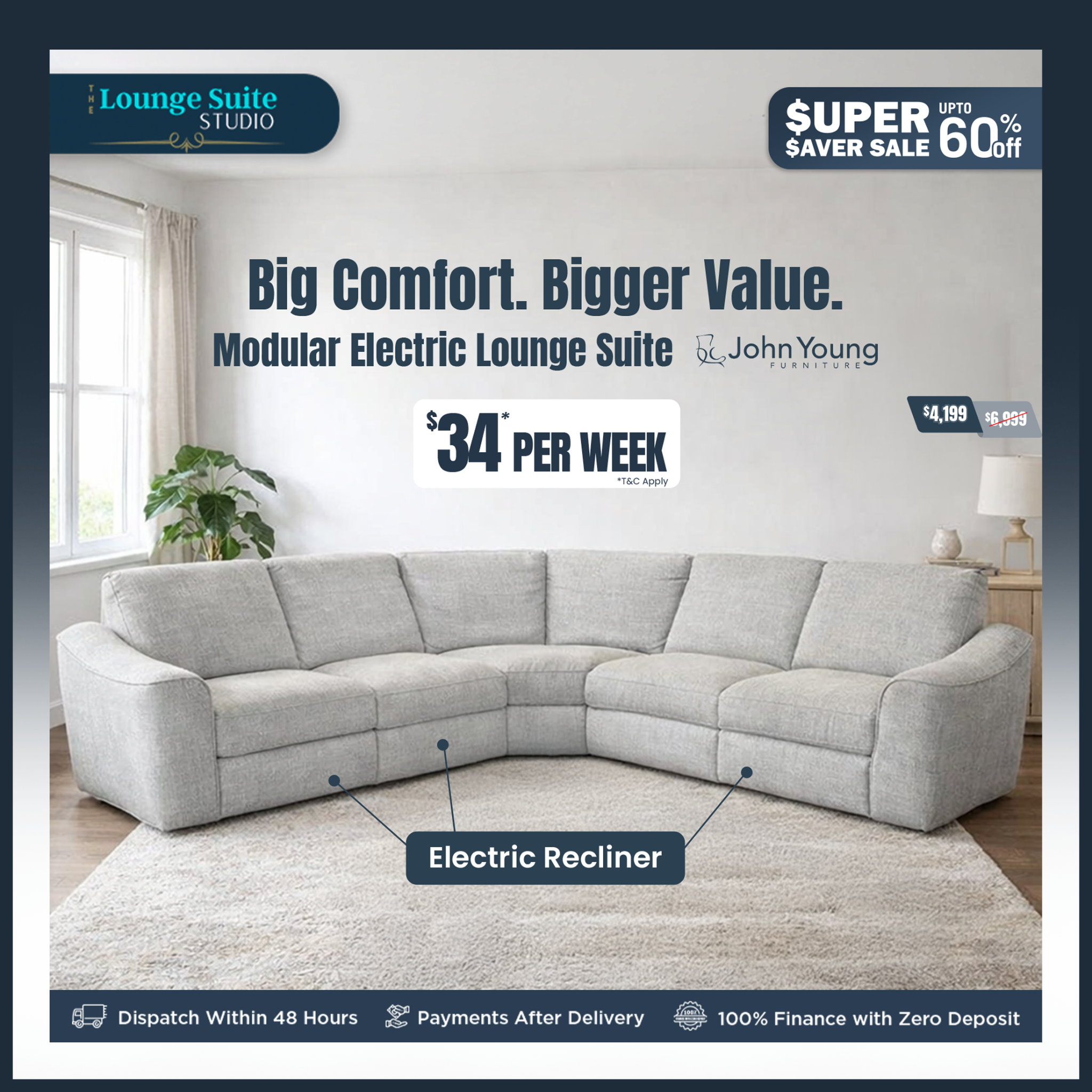 The Lounge Suite Studio Facebook ad: Super Saver Sale | Upto 60% Off | Buy Now