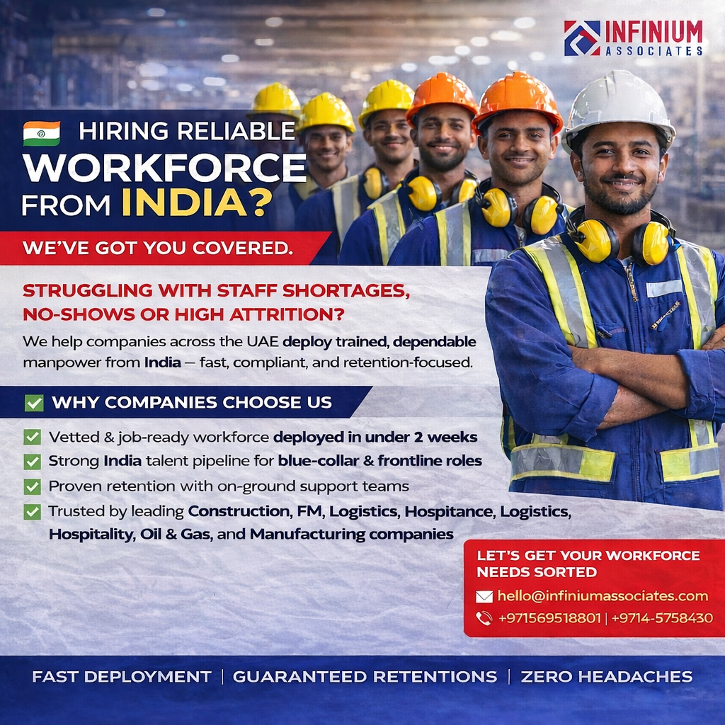 Infinium Associates Facebook ad: *Facing manpower shortages in the UAE?*