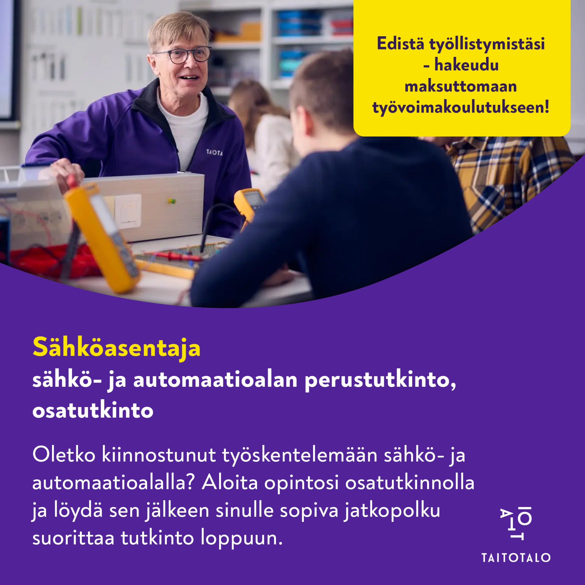 Taitotalo Facebook ad: Oletko työtön tai työttömyysuhan alainen?