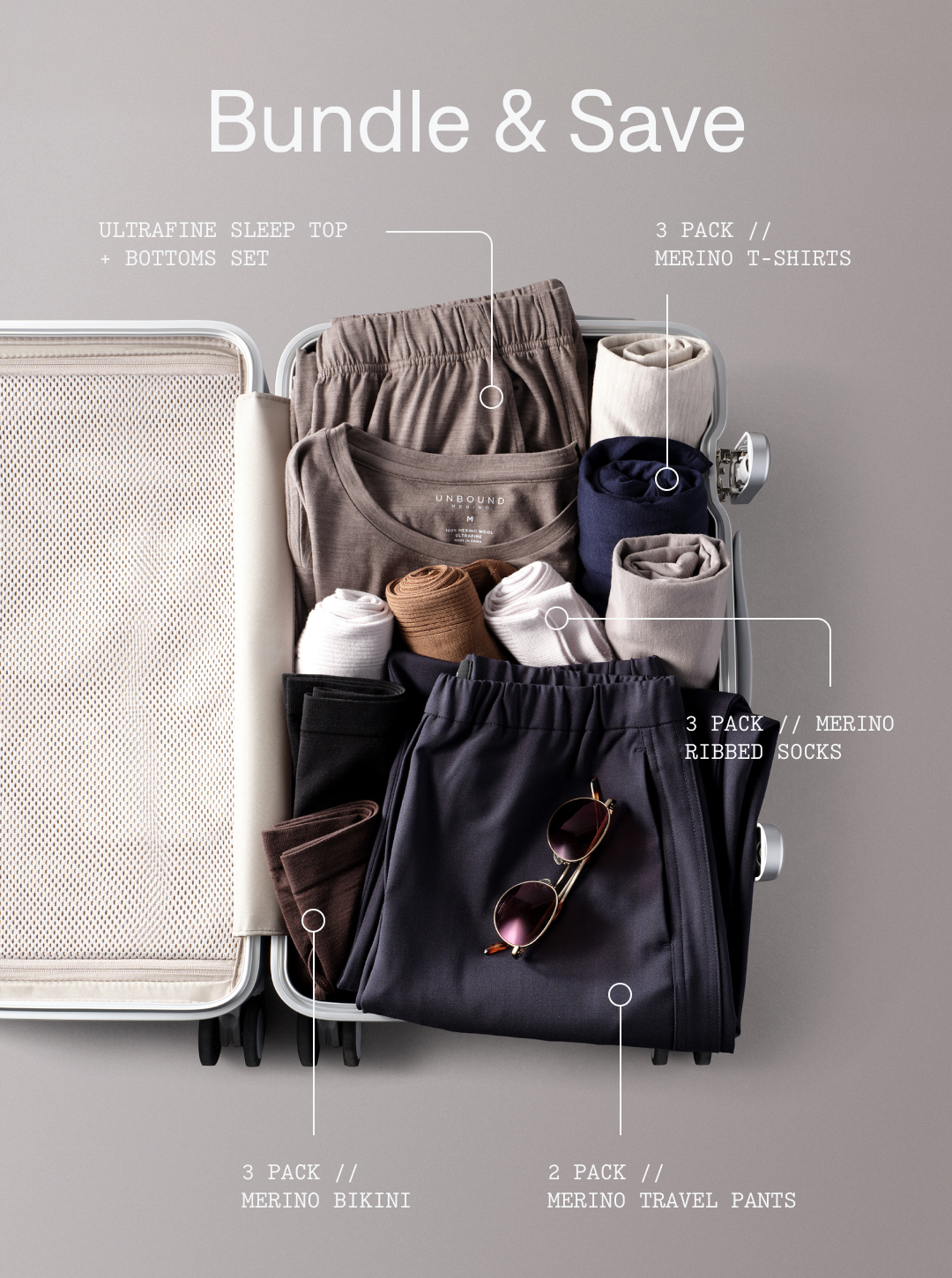 Unbound Merino Facebook ad: More Merino. Less Packing.