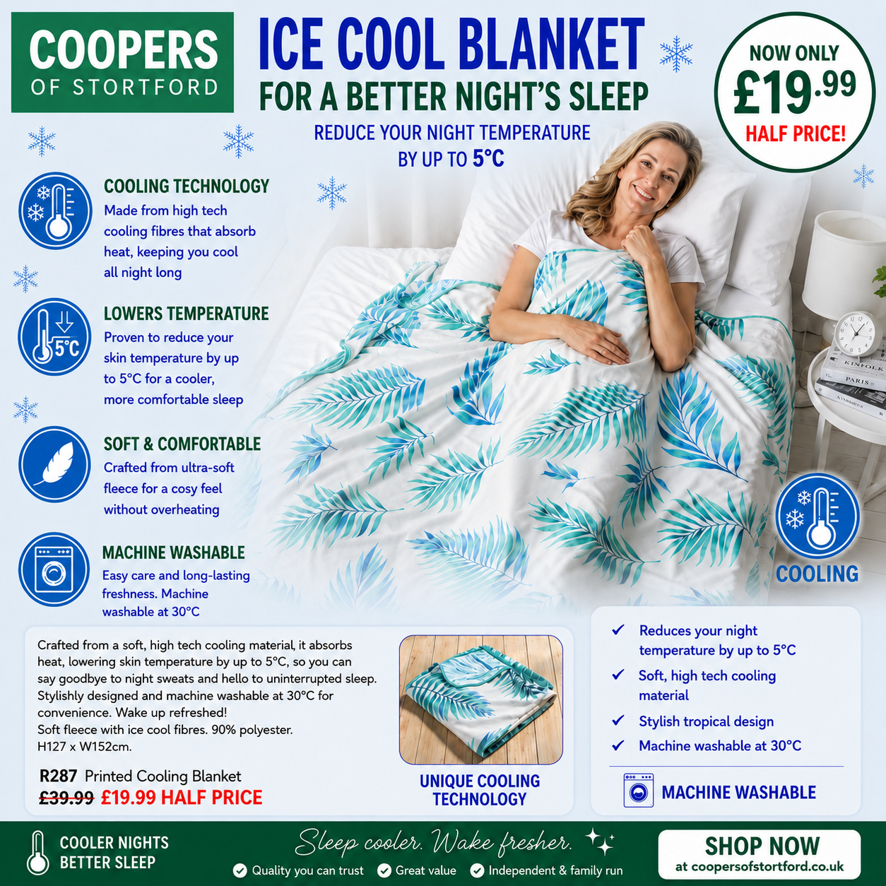 Coopers of Stortford Facebook ad: Experience uninterrupted sleep with our ice-cool fleece…