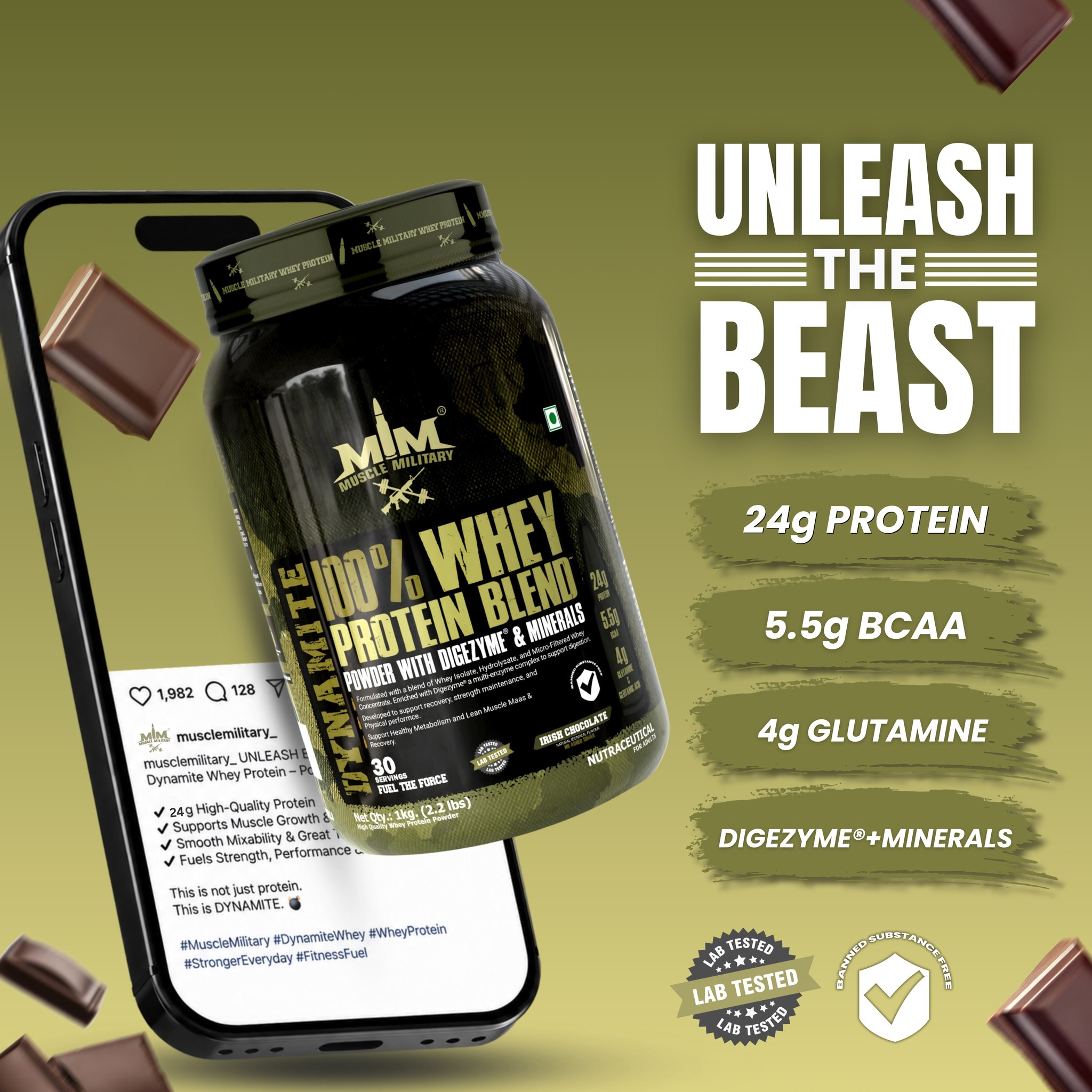 Muscle Military Facebook ad: Dynamite 100% Whey Protein | Bcaa + Glutamine
