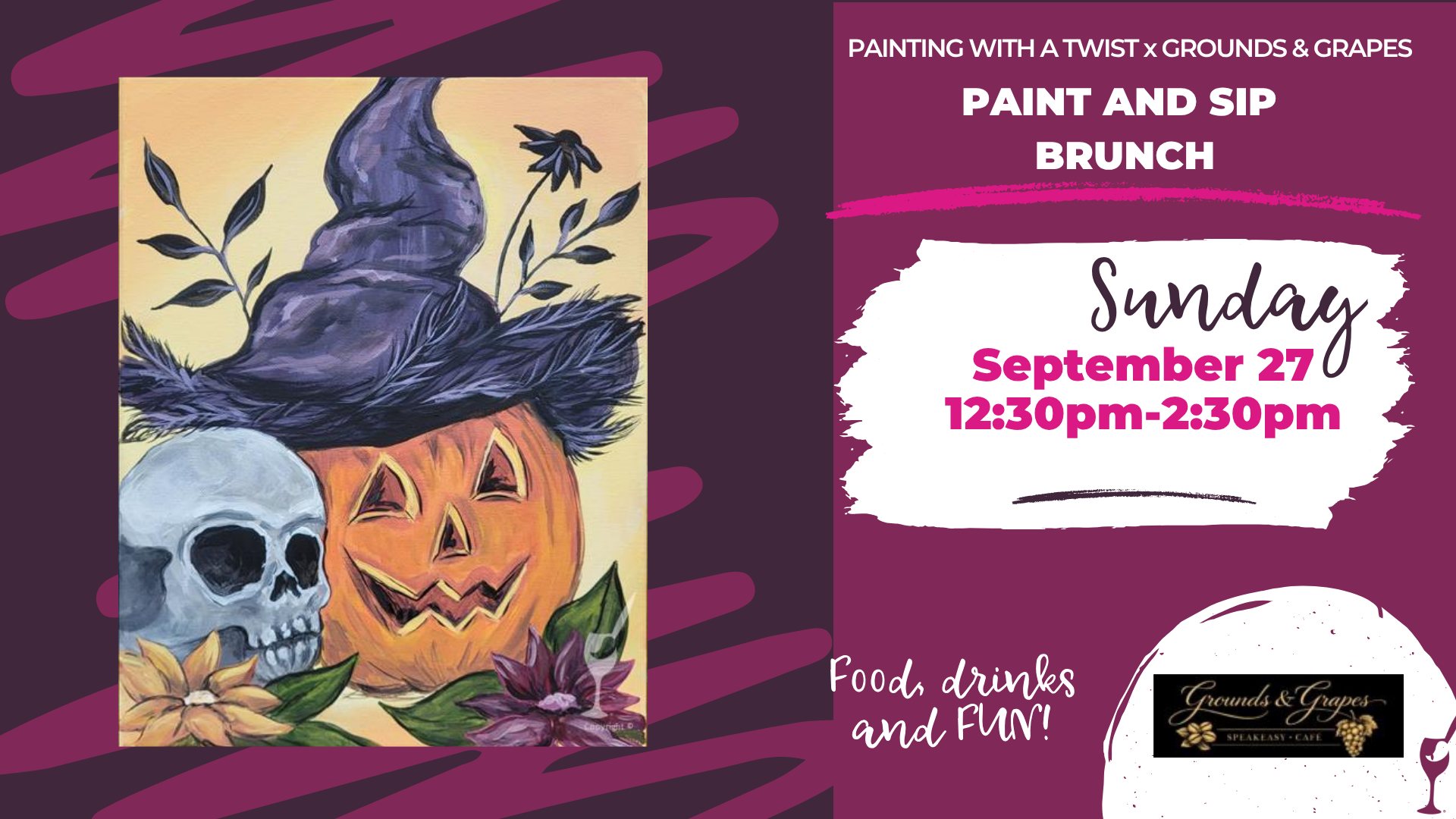 Painting with a Twist Facebook ad: Grounds and Grapes Speakeasy Paint and Sip