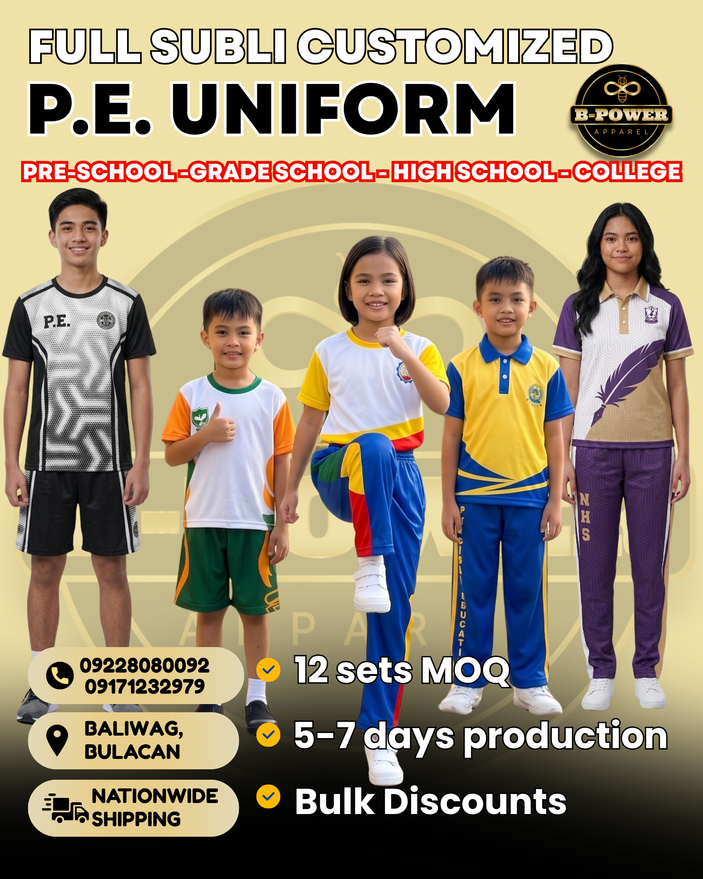 B-Power Custom Apparel PH Facebook ad: P.E. Uniform Supplier