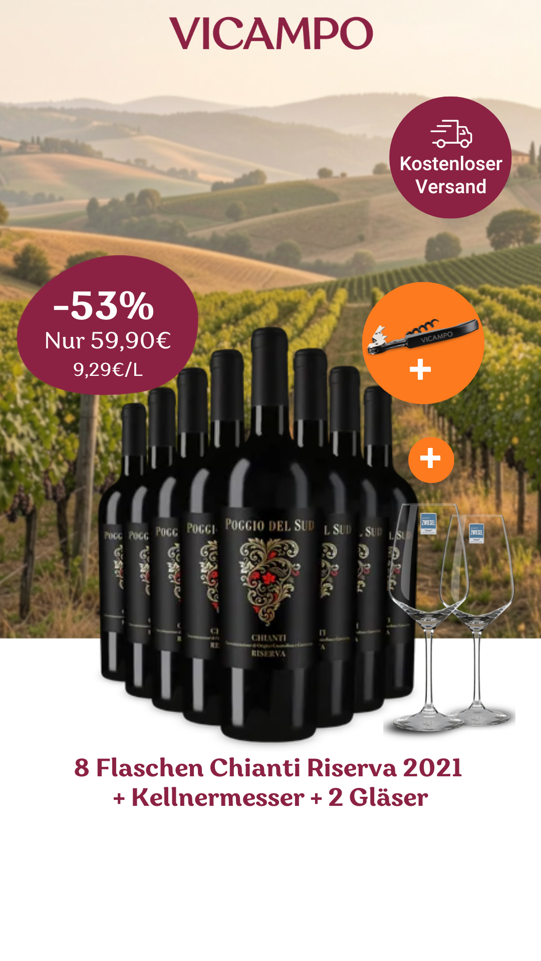 Vicampo Facebook ad: Der perfekte Genussmoment - 8x Chianti Riserva mit 2…