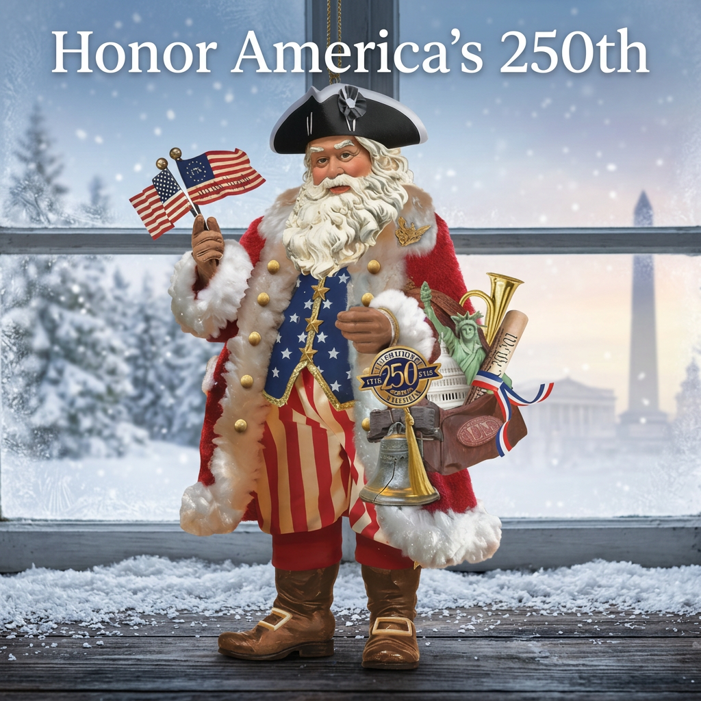 Printerval Custom Gifts Facebook ad: 250th Anniversary 1776 American Santa Ornaments