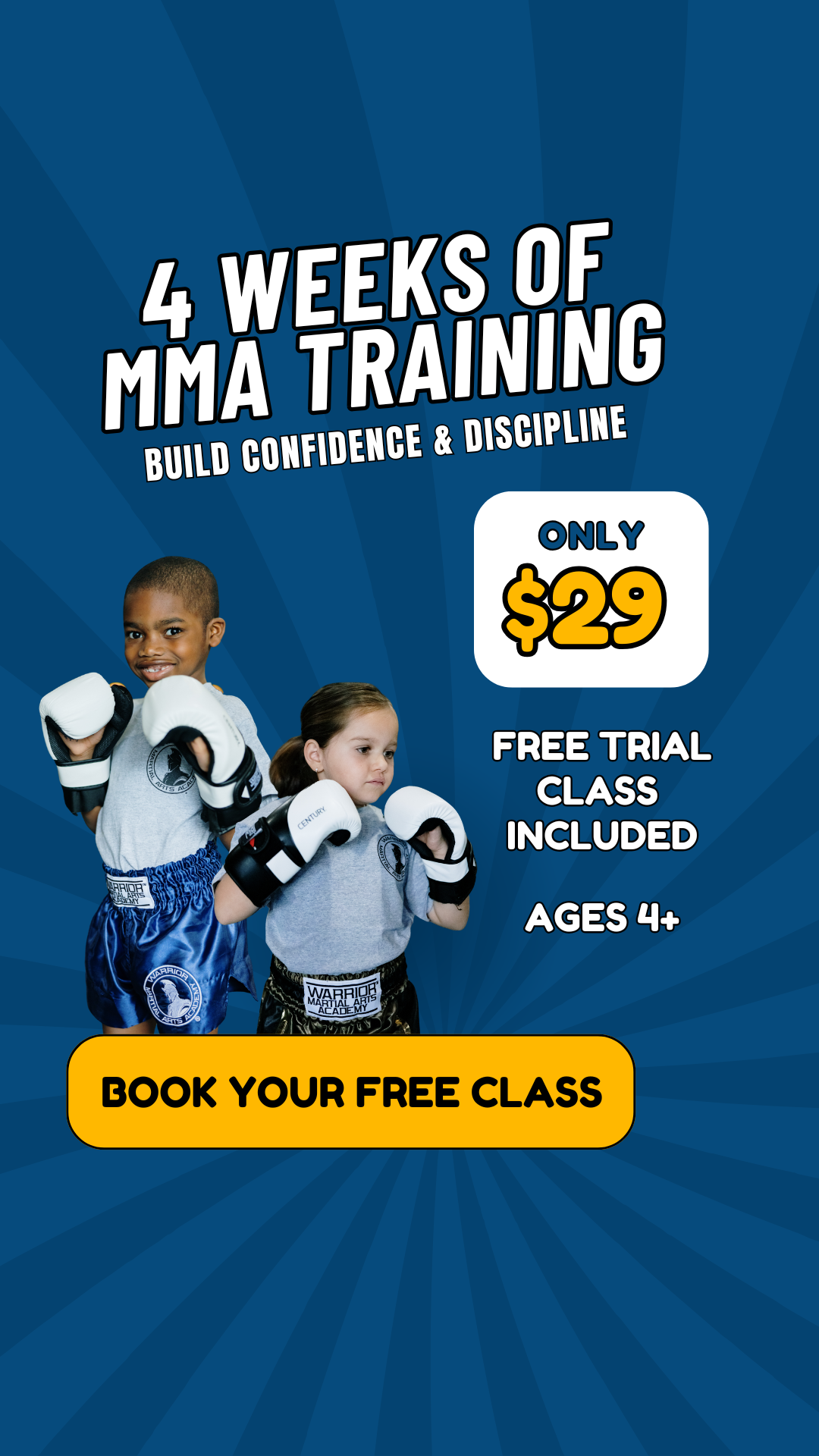 Warrior Martial Arts Academy Facebook ad from Feb 28, 2026