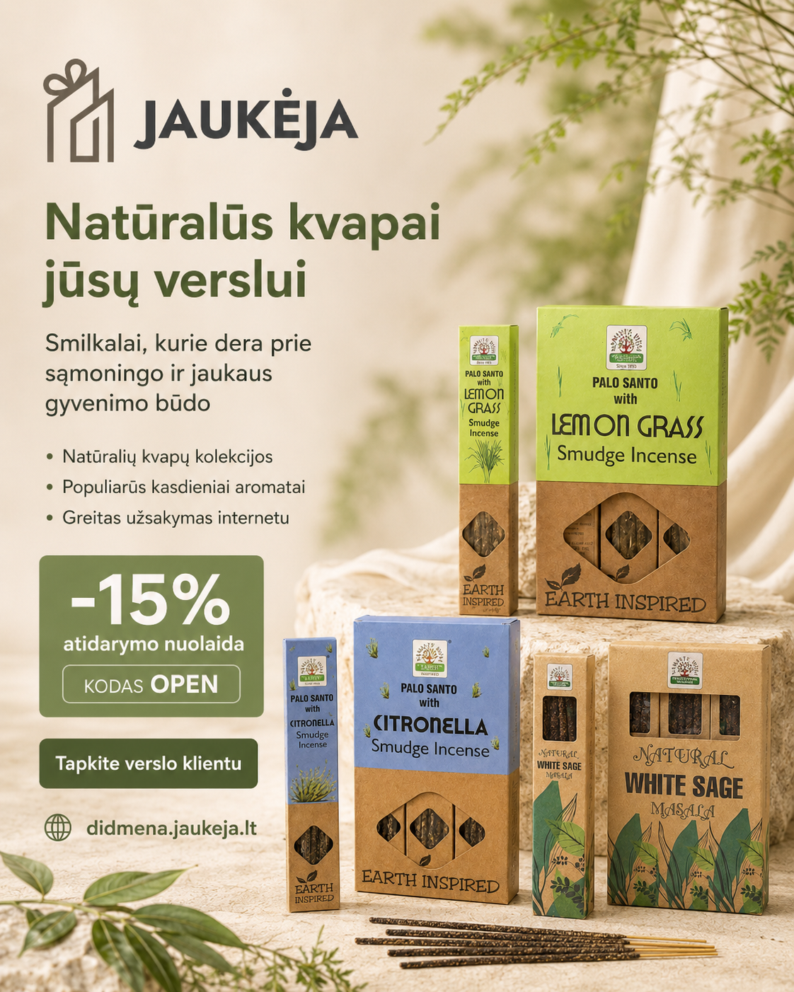 Jaukeja.lt Facebook ad: Natūralūs kvapai jūsų sėkmingam verslui.