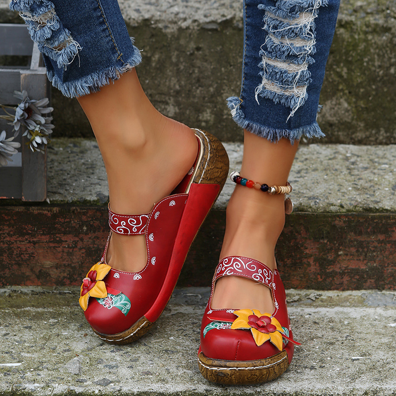 Dritnow Facebook ad: Boho Retro Floral Handmade Mules for Women, Comfy Thick…