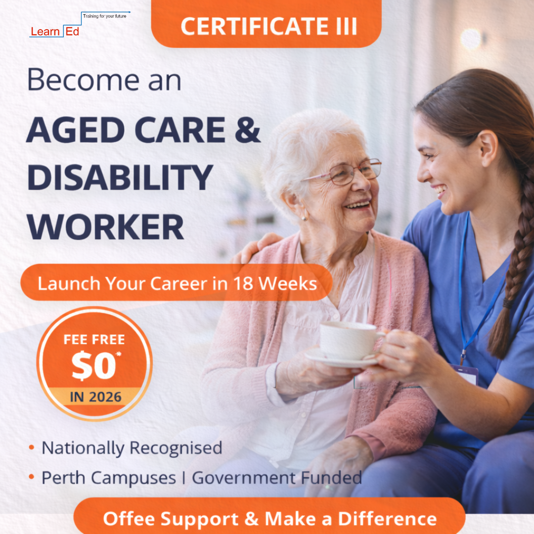 LearnEd Training Facebook ad: $0 Fees - Start Your Career in Aged Care & Disability