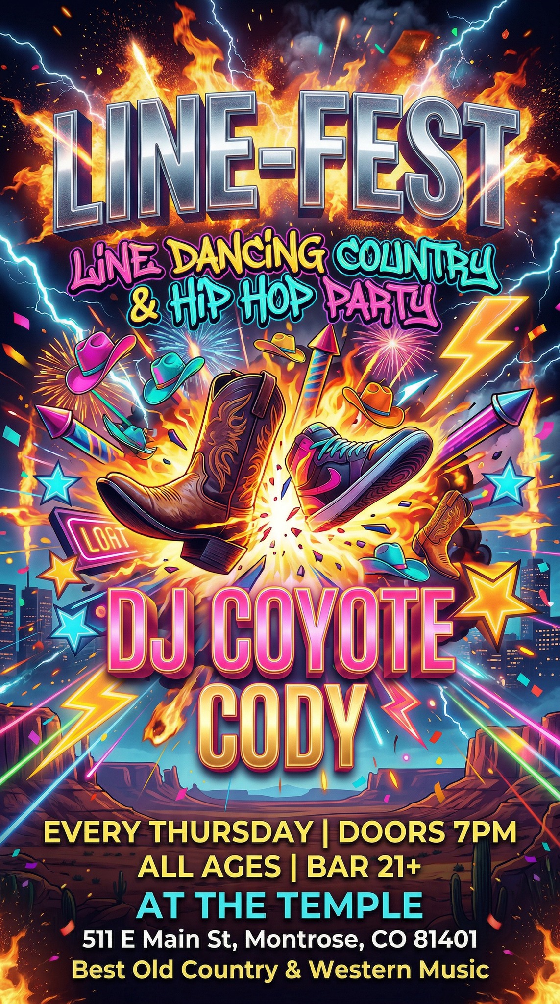 The Temple Events Facebook ad: LINE-FEST / Country & Hip-hop Line Dancing Party