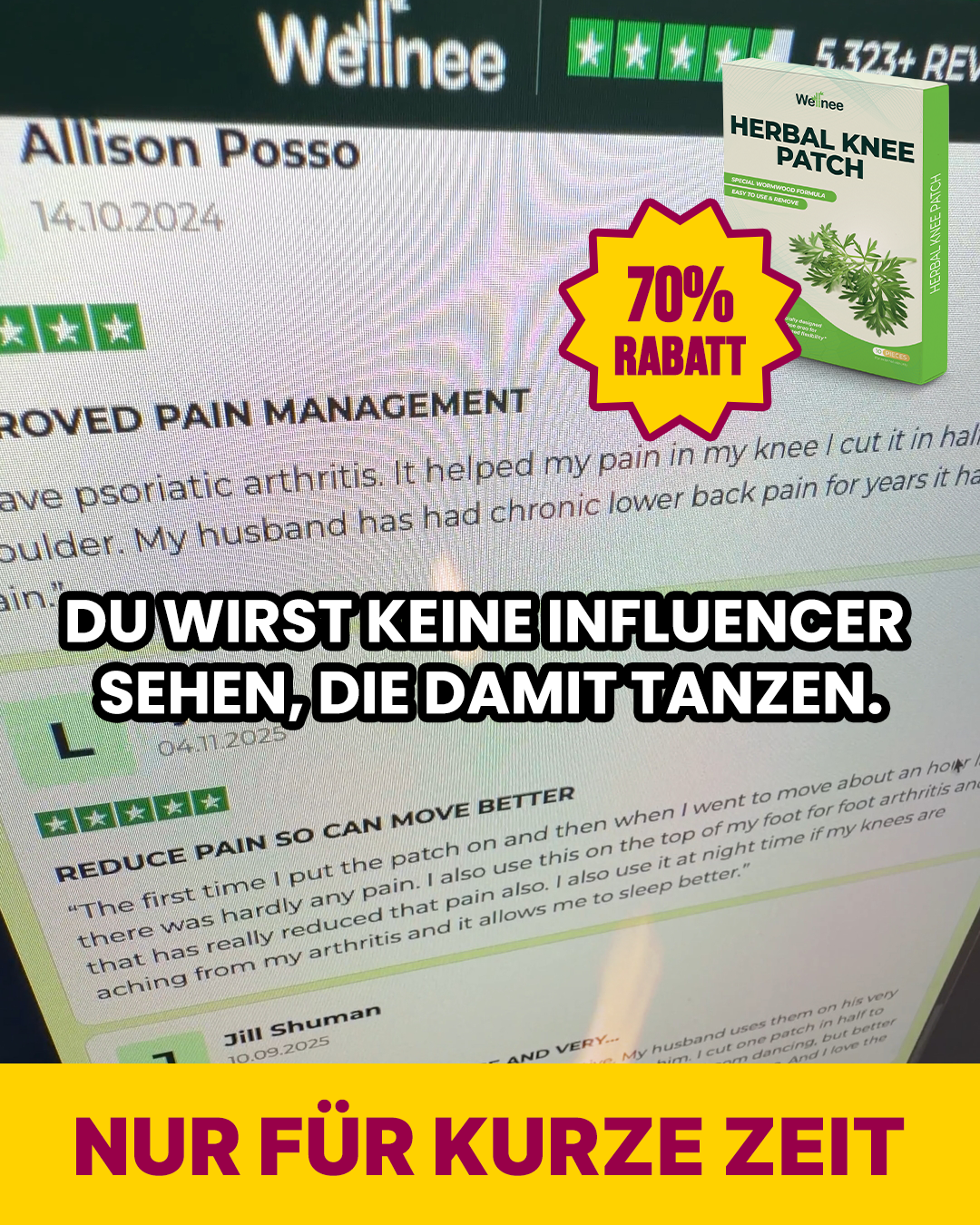 Wellnesstic Facebook ad: Statt Schmerztabletten verwende ich jetzt ein einfaches…