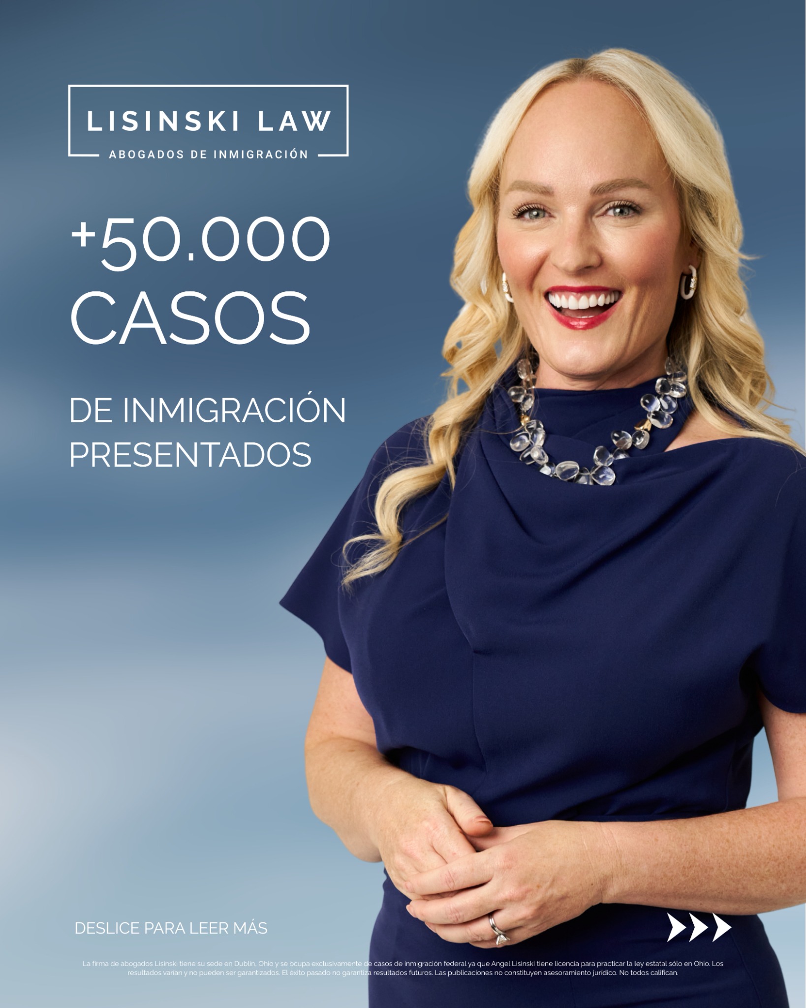 Abogada Angel Lisinski Facebook ad: ¡Hemos presentado más de 50.000 casos de inmigración…