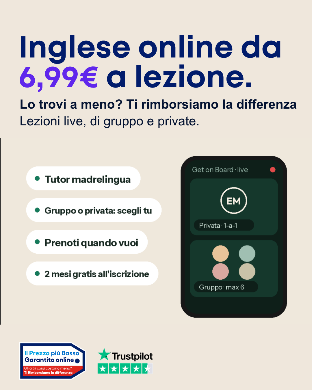 Get On Board - Corsi di Inglese Online Facebook ad: Da 6,99€ a lezione con anche le private
