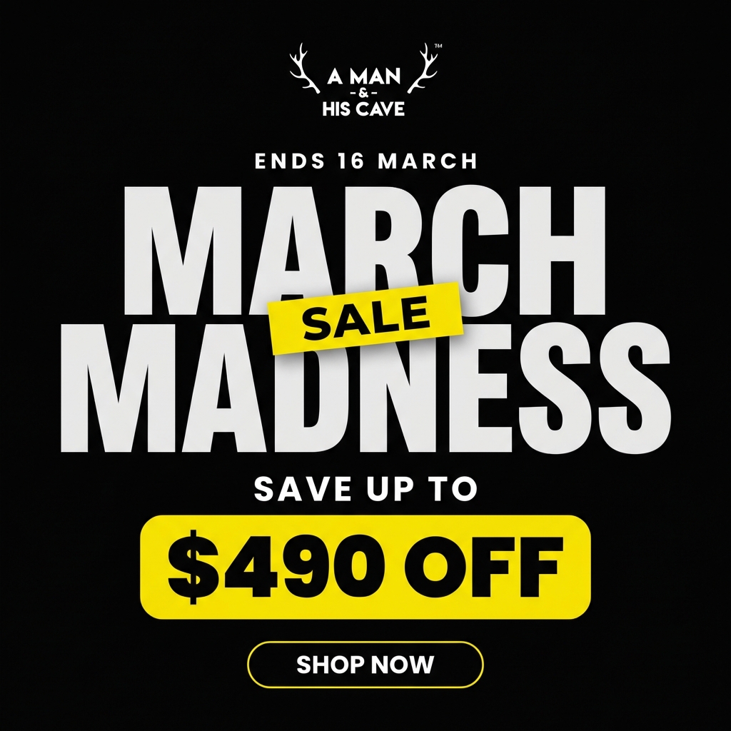 A Man & His Cave Facebook ad: MARCH MADNESS SALE | SAVE UP TO $490!