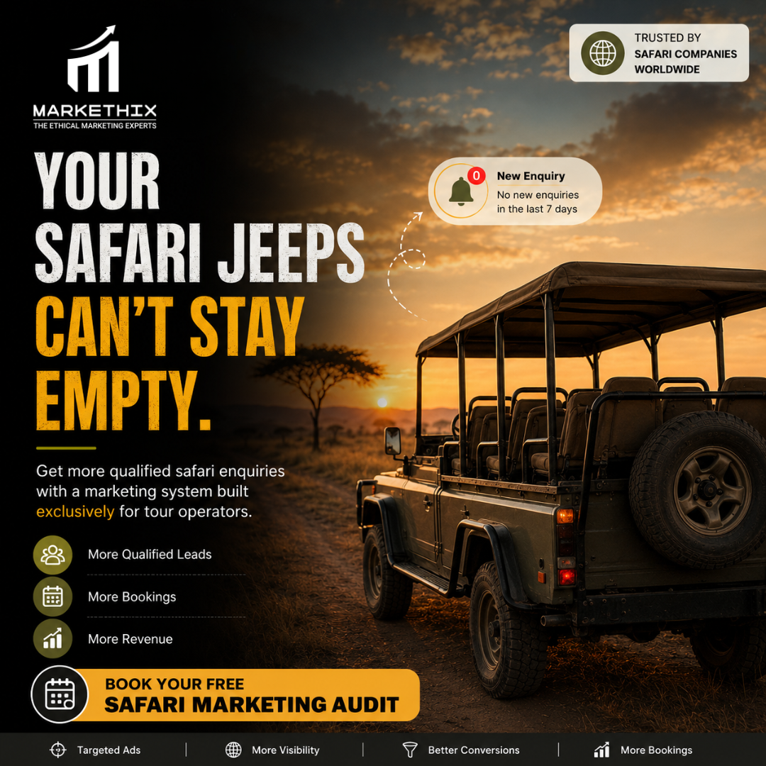 Markethix Facebook ad: Stop Running Empty Safaris. Start Getting More Bookings.