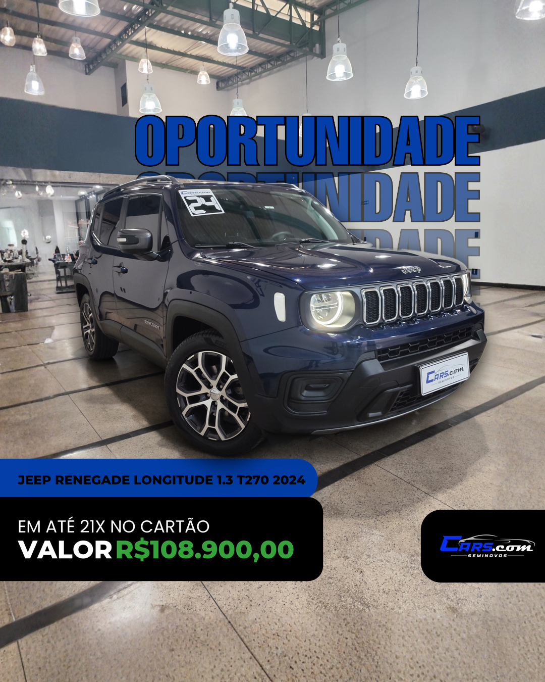 Cars.comseminovos Facebook ad: Jeep Renegade Longitude 1.3 Turbo 2024