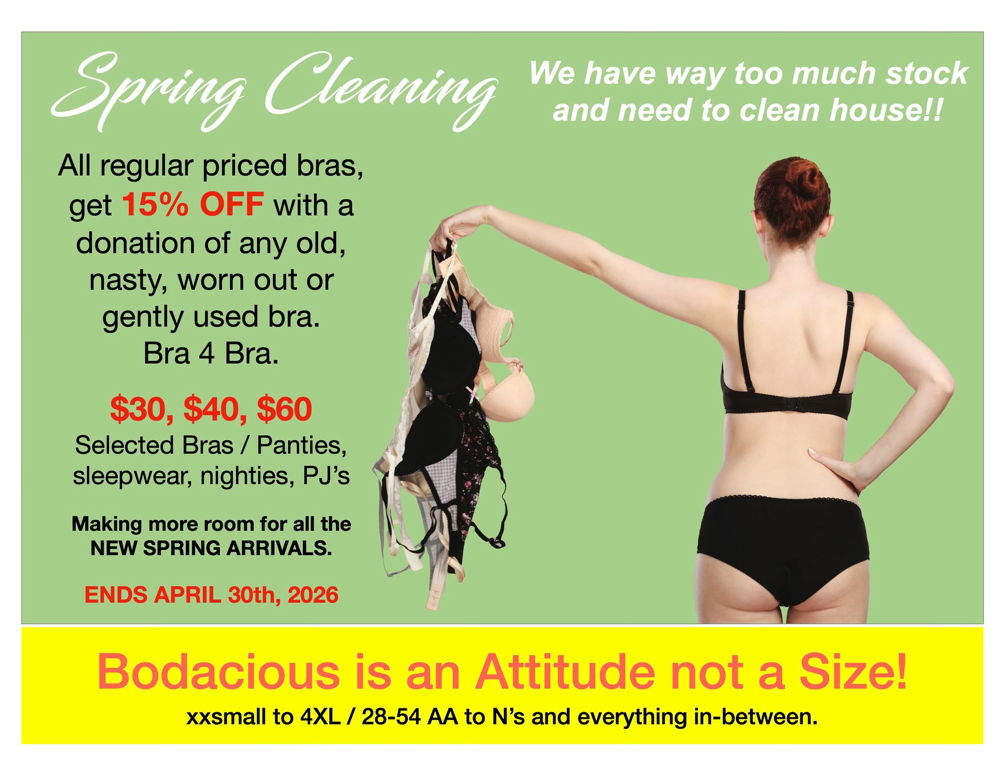 Bodacious Bustlines Bras and Lingerie Facebook ad: For the whole month of April lets SPRING…