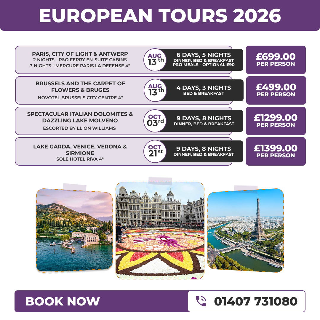 Teithiau Elfyn Thomas Tours Facebook ad: Explore Europe in 2026 & 2027 with Elfyn…