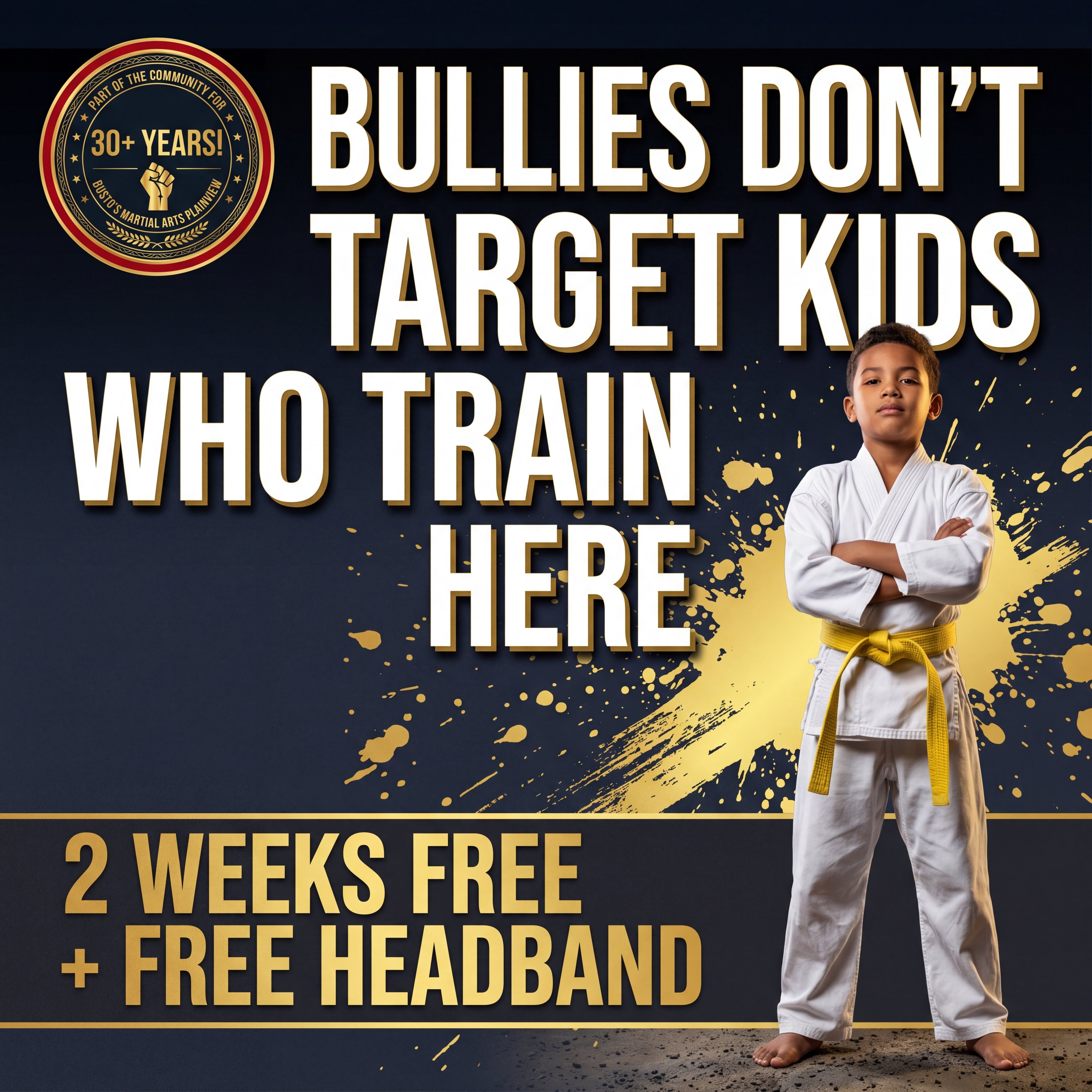 Busto's Martial Arts Facebook ad: 2 Free Weeks of Kids Karate + Free Headband