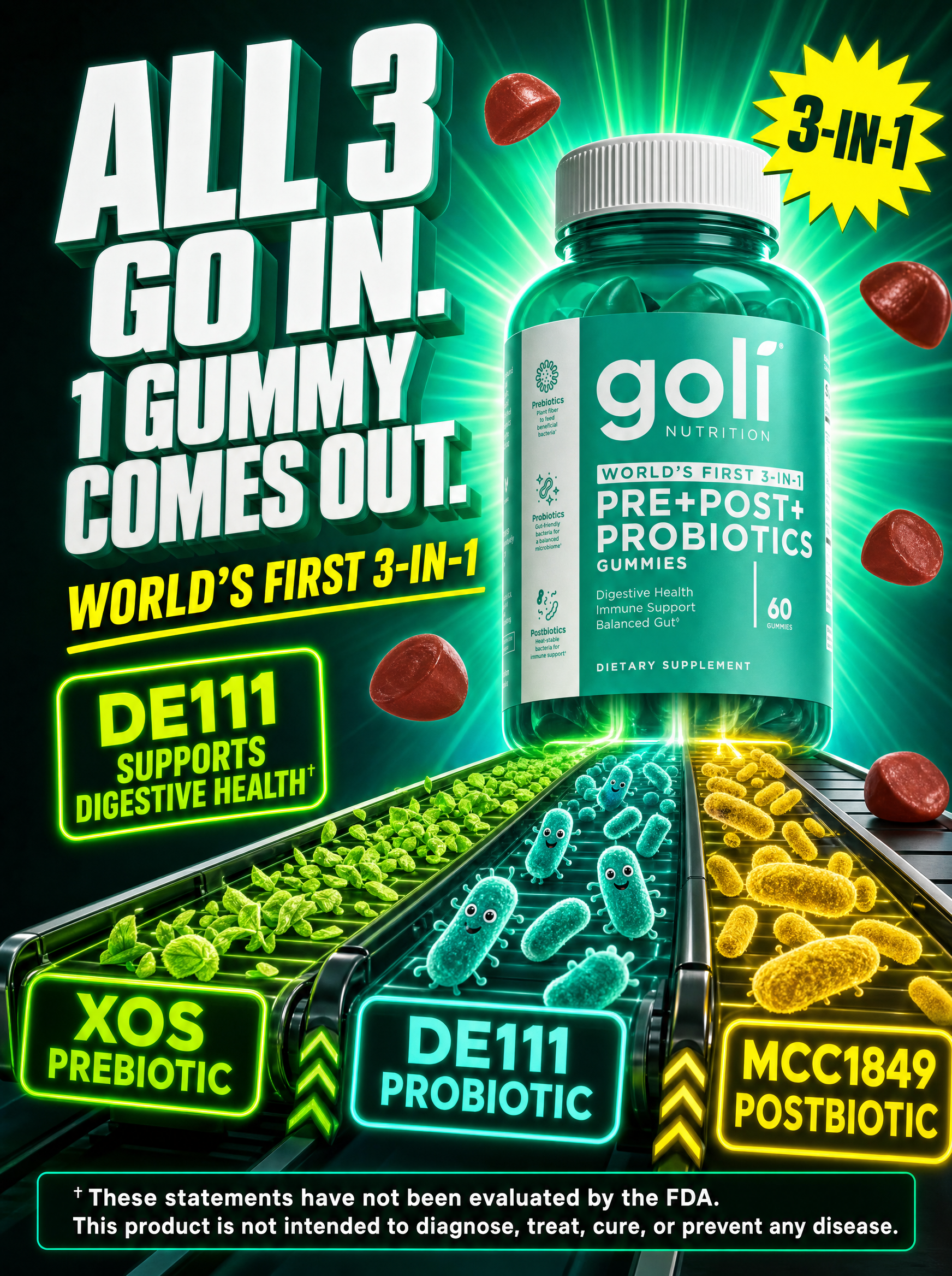 Goli Facebook ad: Three Biotics. One Gummy. World's First.