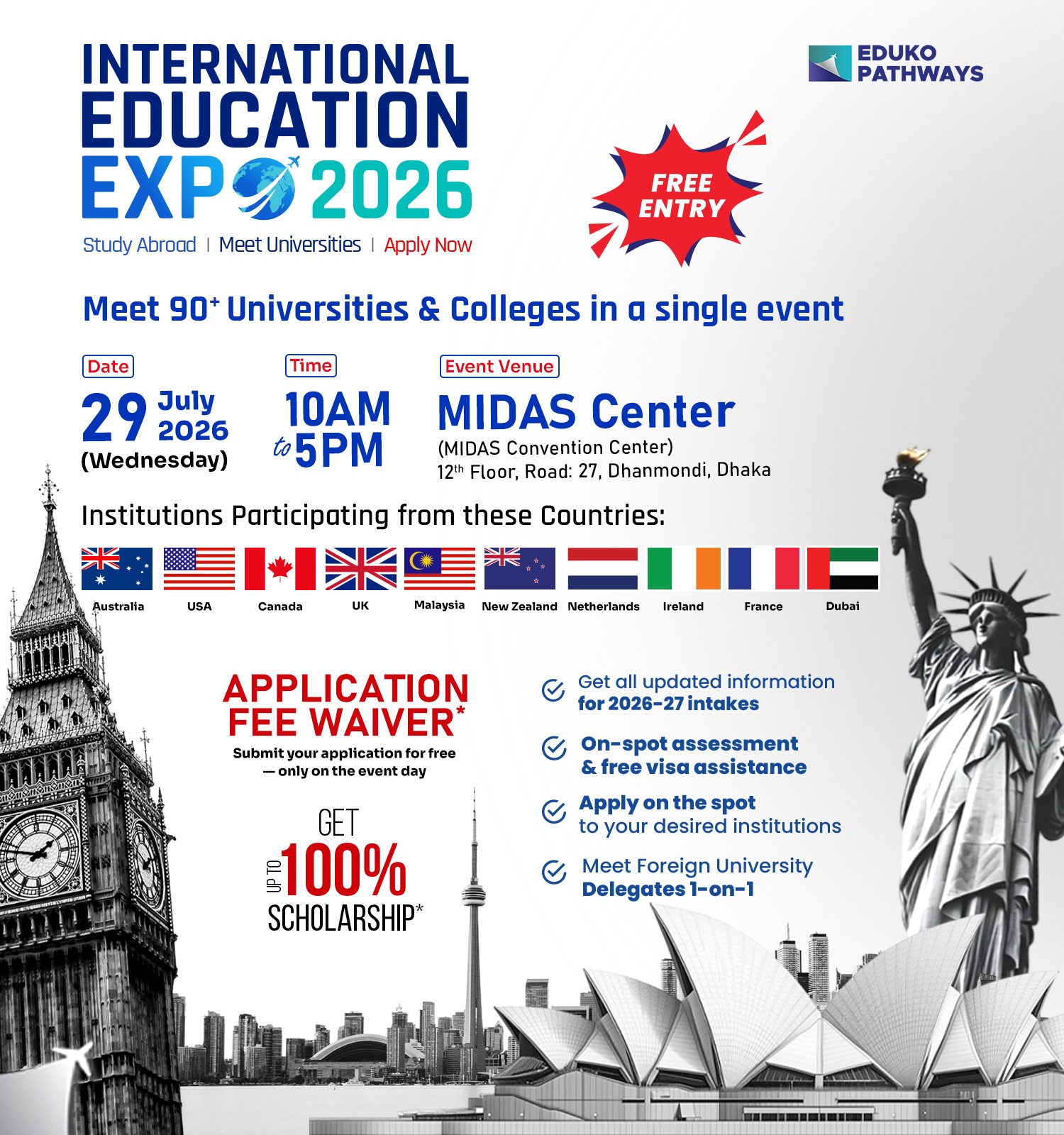 Eduko Pathways Bangladesh Facebook ad: Scholarships. Admissions. 90+ Universities. One Venue.