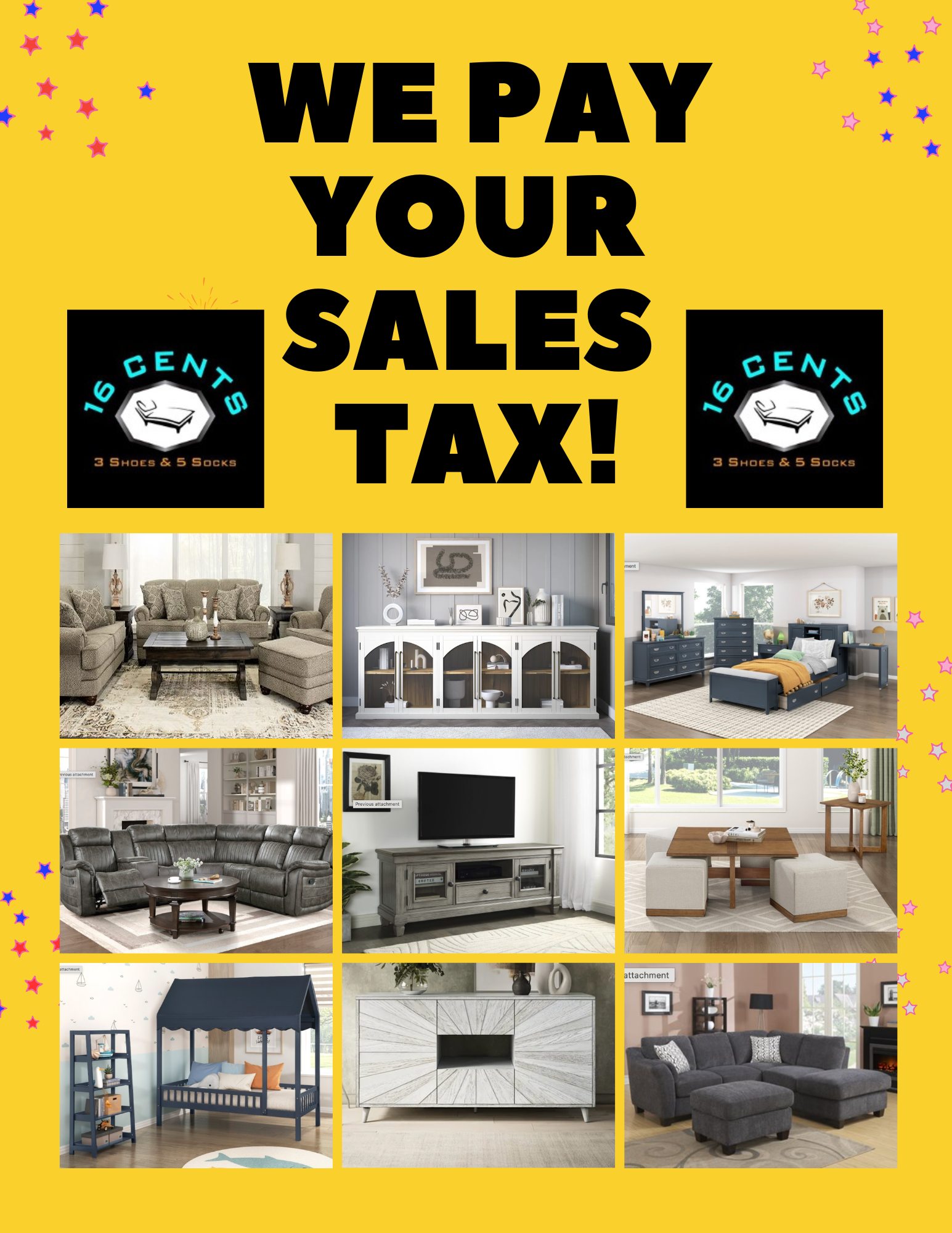 16 Cents, 3 Shoes, & 5 Socks Facebook ad: WE PAY YOUR SALES TAX