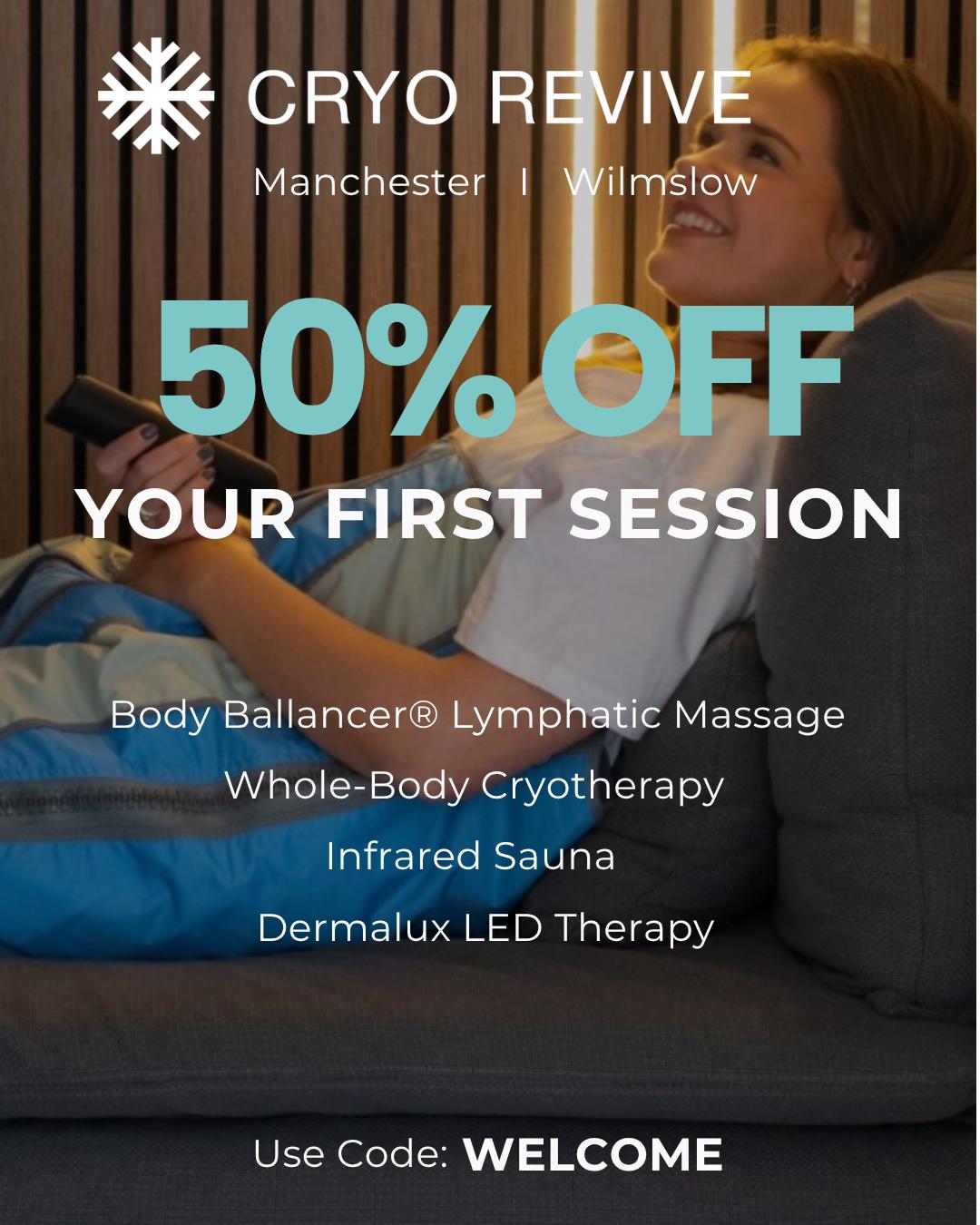 Cryo Revive Facebook ad: Manchester Recovery Studio | 50% Off First 4