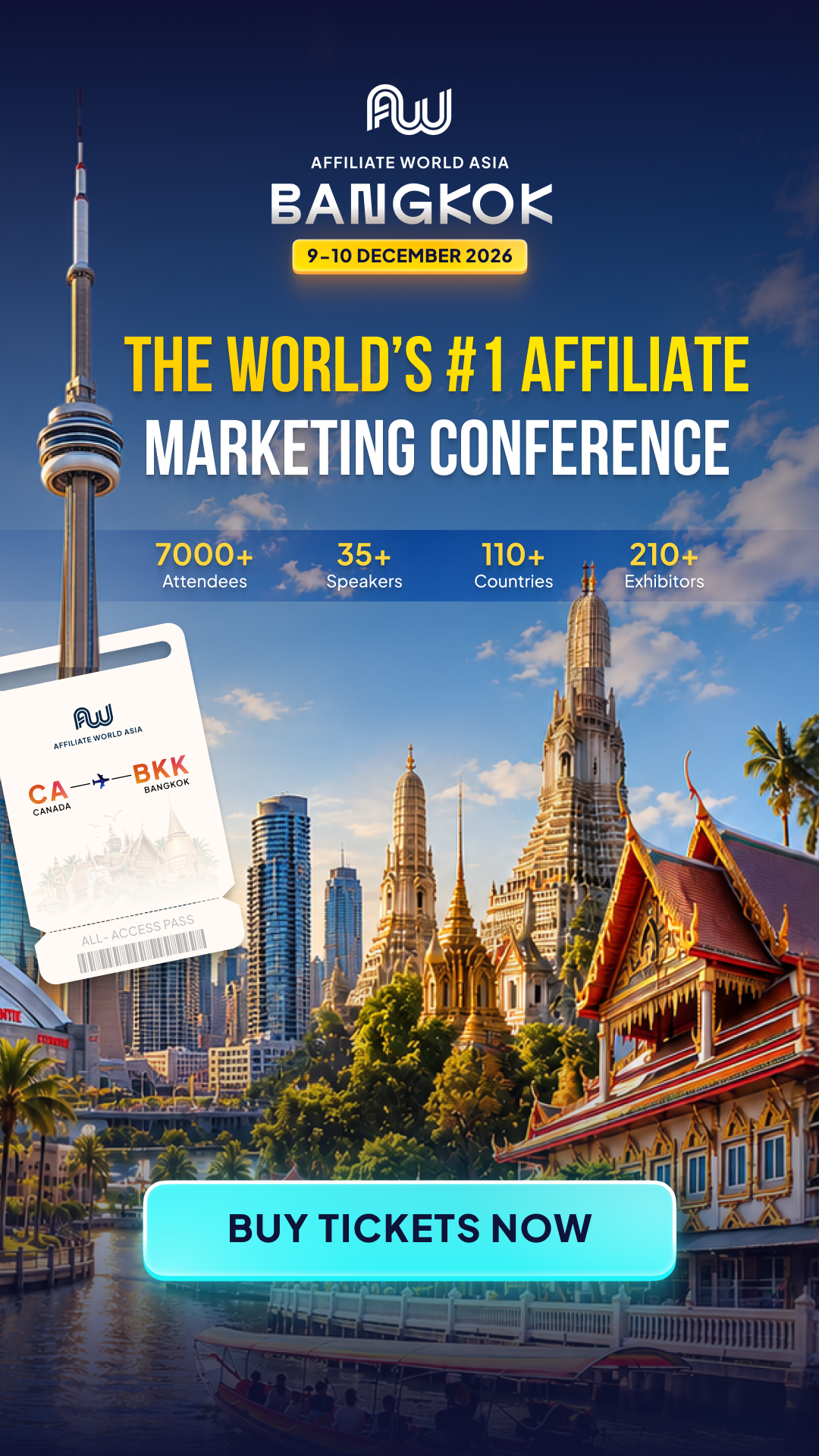 Affiliate World Conferences Facebook ad: Next stop: Bangkok. The industry is boarding.