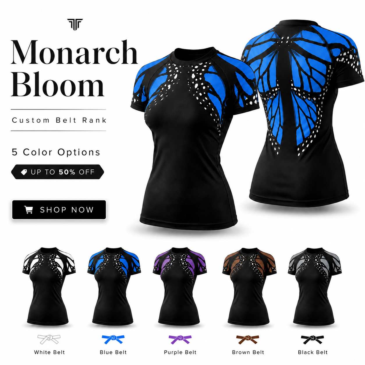 Titan ADN Facebook ad: Premium Custom Belt Rank Monarch Bloom Women’s BJJ Rash…