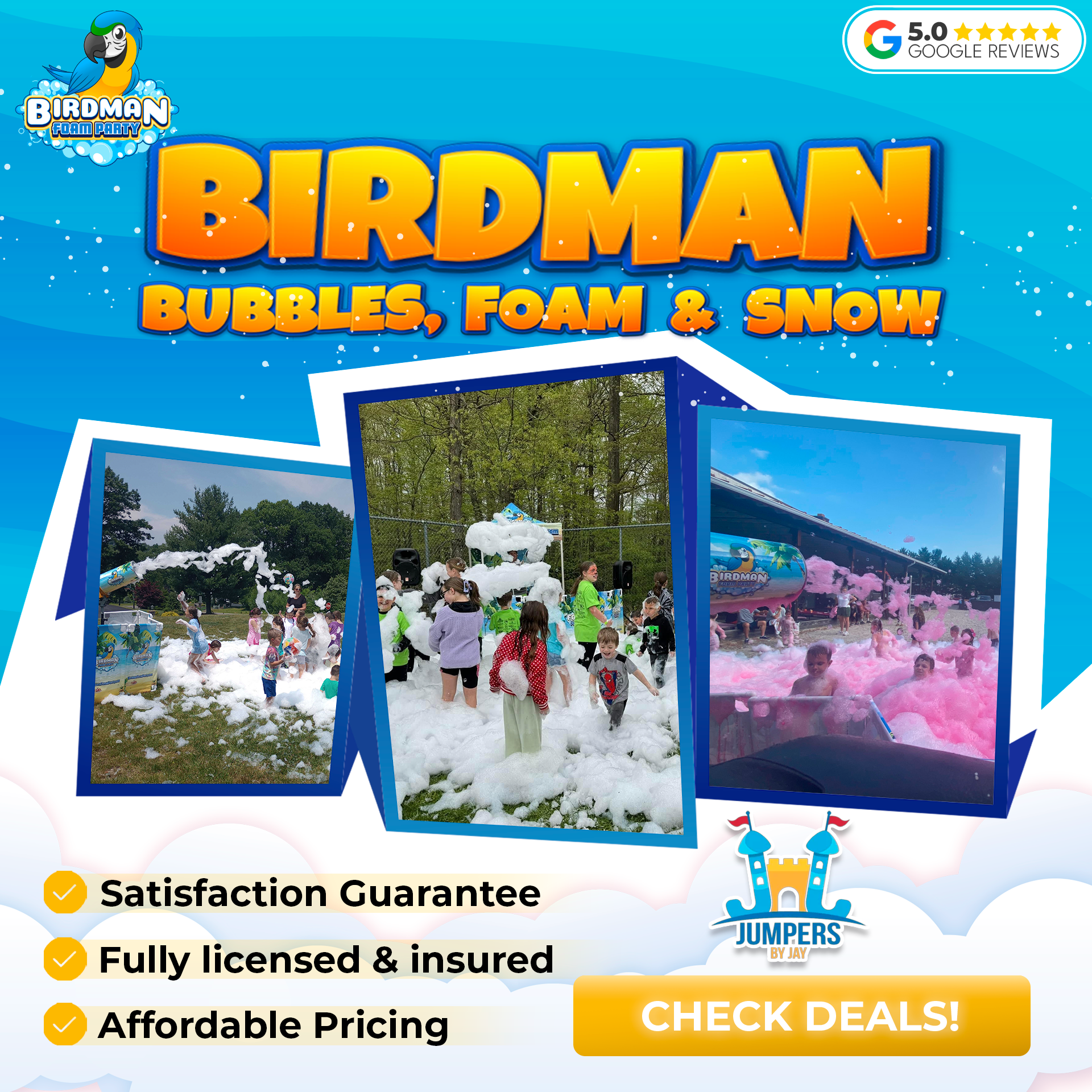 Birdman Bubbles Foam and Snow Facebook ad: Best Bounce House Rentals in Drums, PA | Jumpers By Jay
