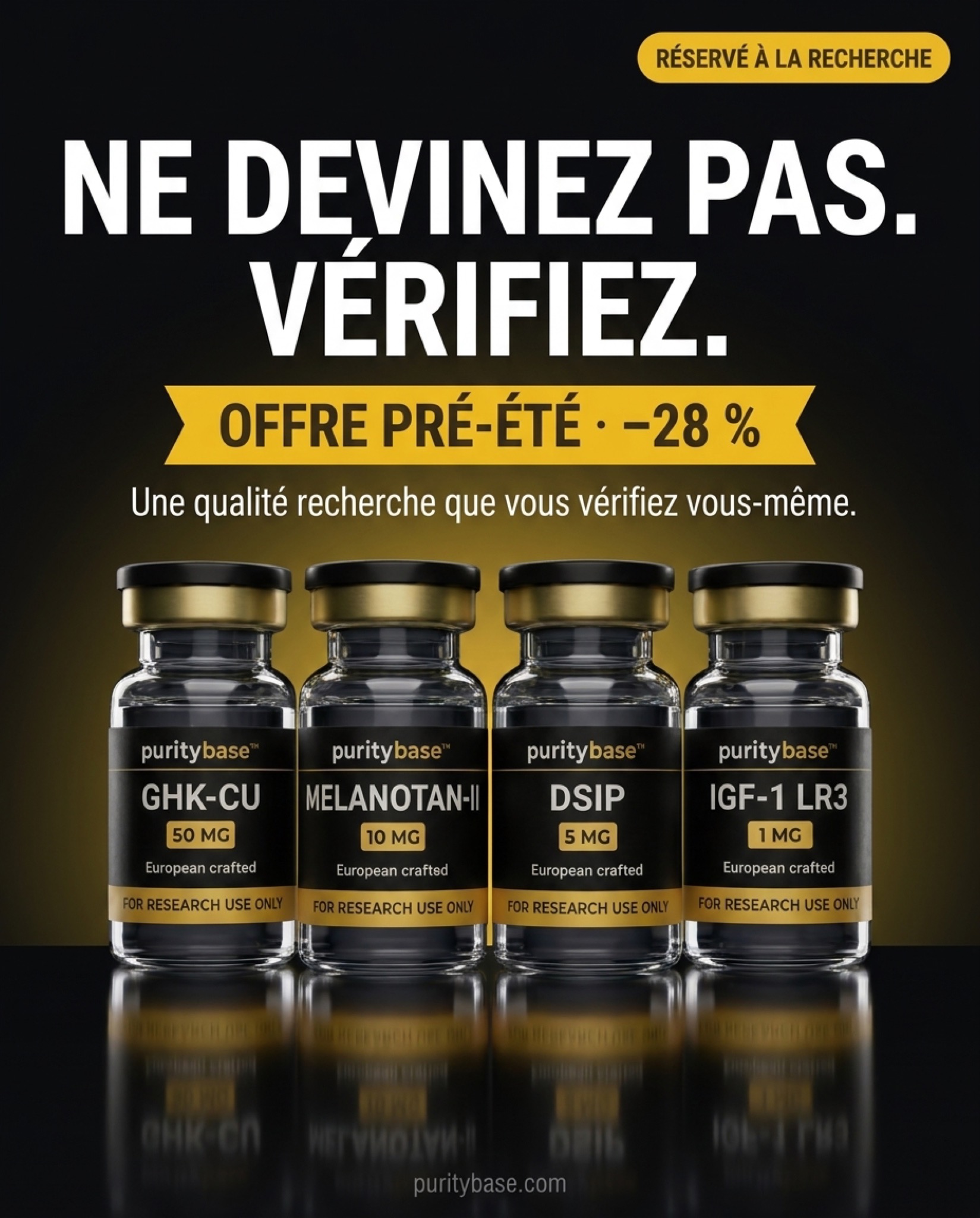 PurityBase Facebook ad: ≥99 % de pureté. Testé indépendamment. Disponible…