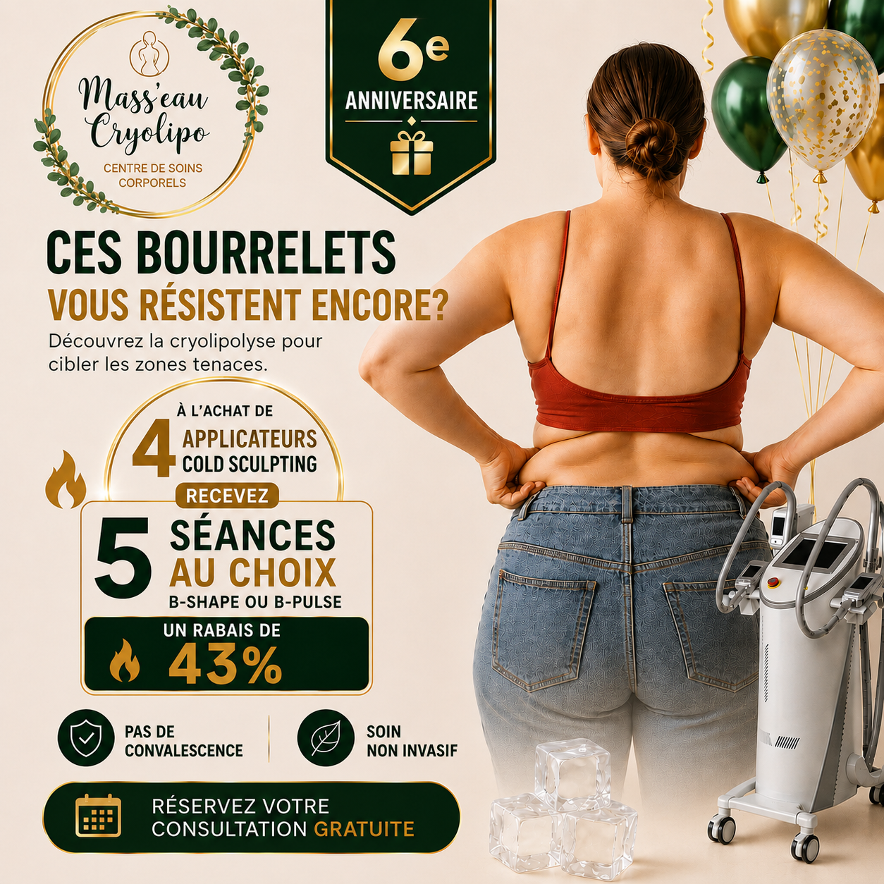 Mass'eau' Cryolipo Facebook ad: 43% Rabais - Dites adieu aux Bourrelets Tenaces!