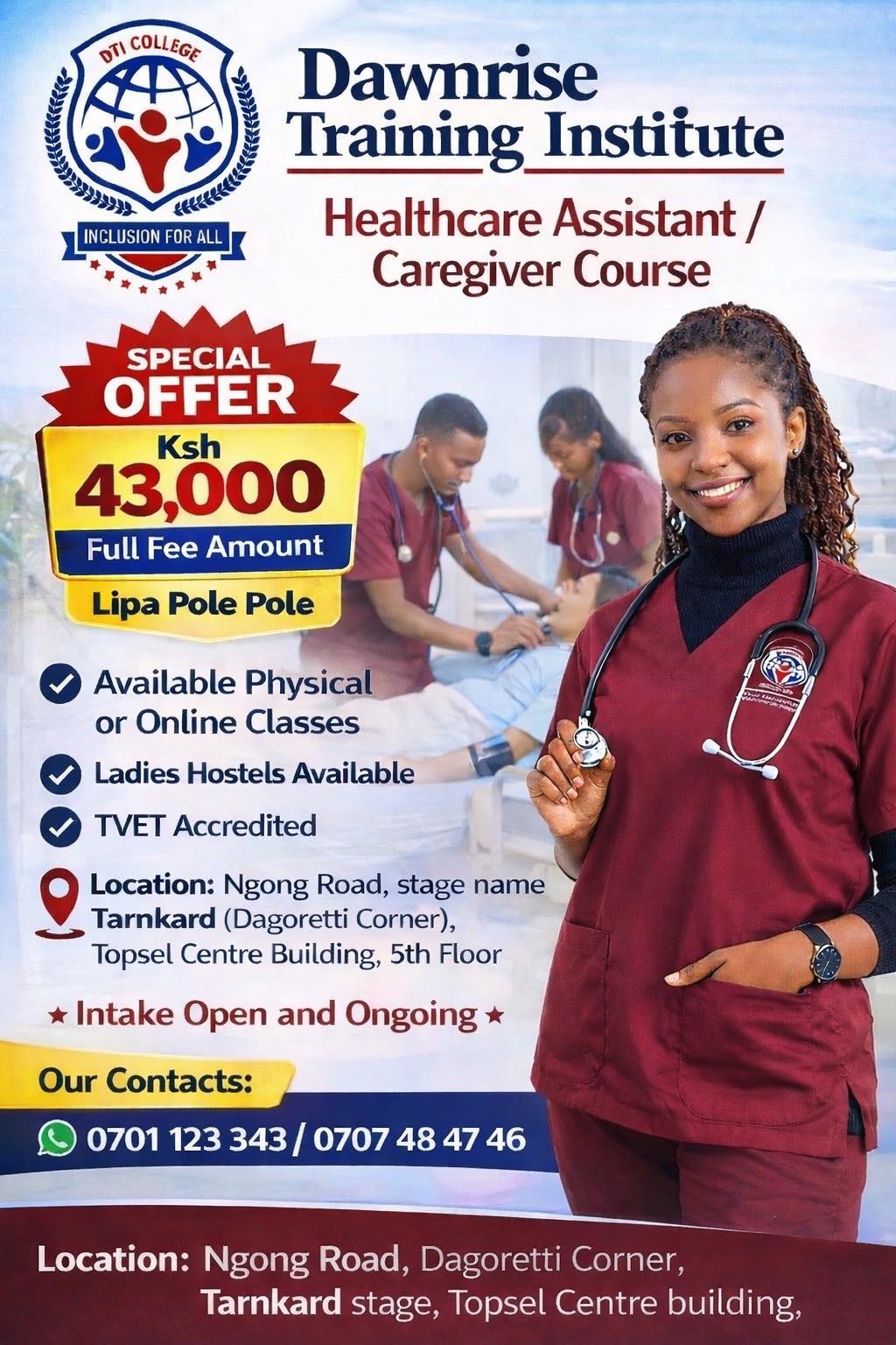 DawnRise Training Institute Facebook ad: HEALTHCARE ASSISTANT / CAREGIVER INTAKE ONGOING!