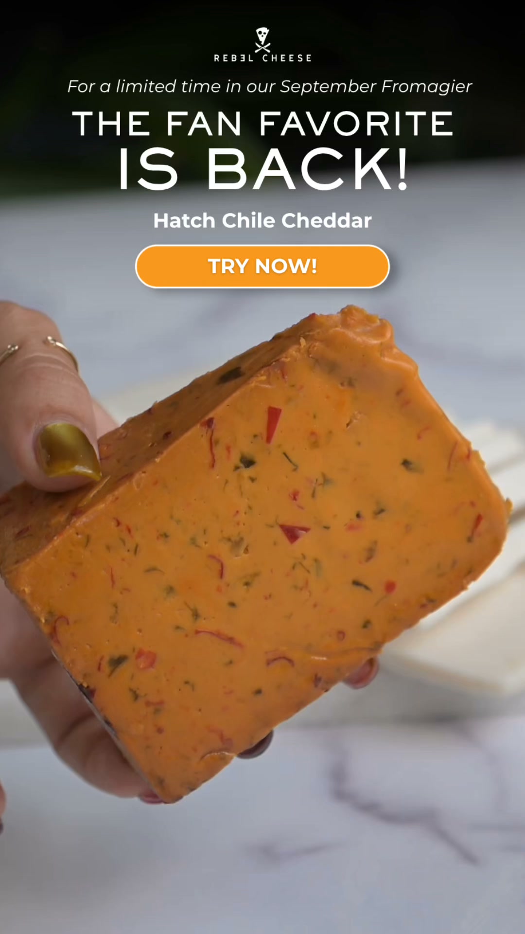 Rebel Cheese Facebook ad: The Fan Favorite Is Back Hatch Chile Cheddar. Zero Dairy.
