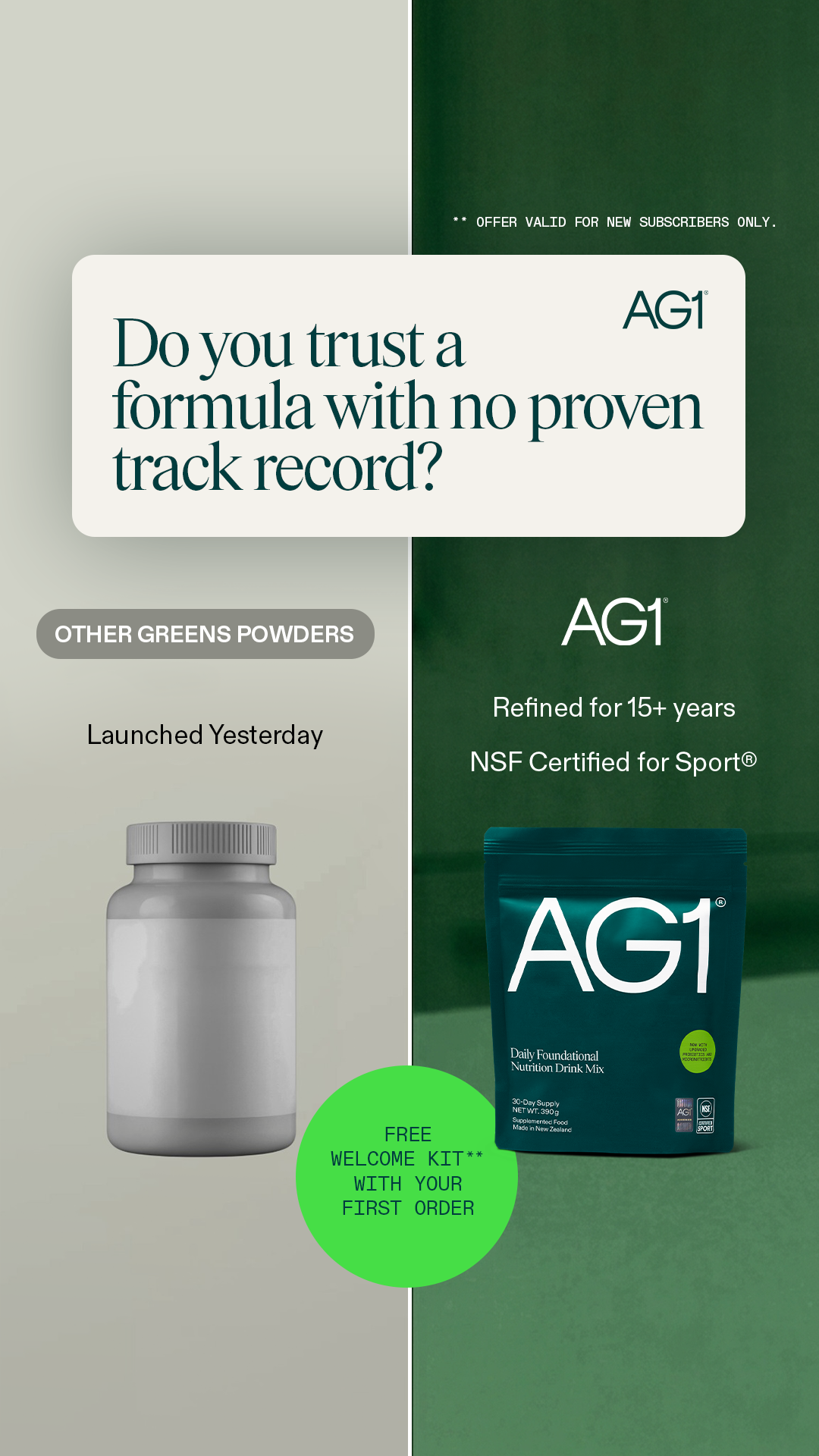 AG1 by Athletic Greens Facebook ad: Trusted Globally. 15+ Years of Improvement.