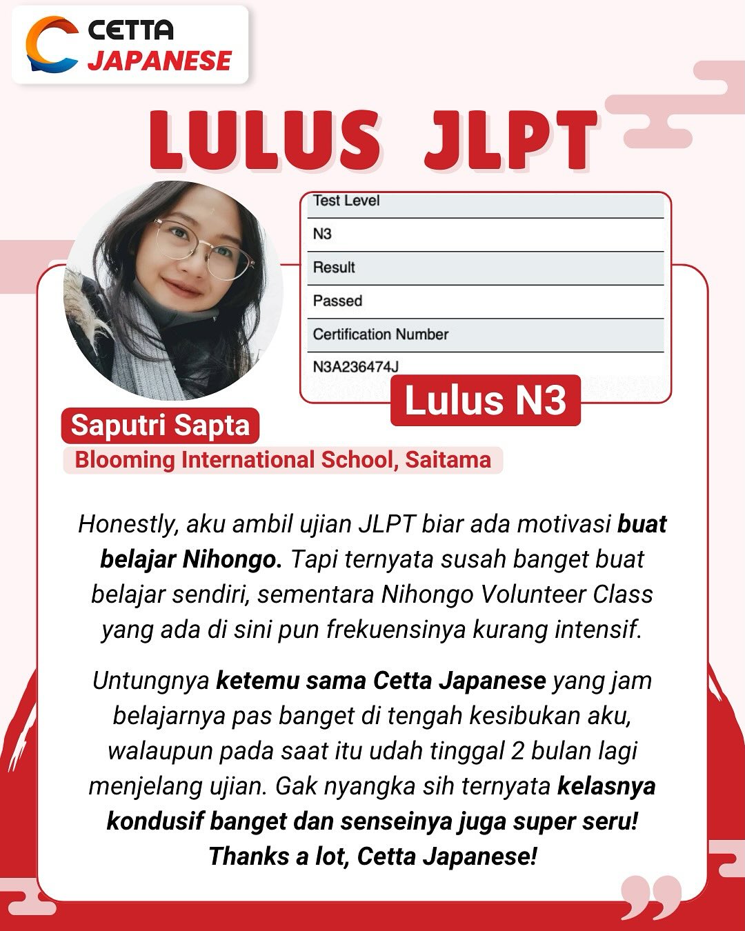 Cetta Japanese Facebook ad: LULUS JLPT BARENG CETTA JAPANESE!