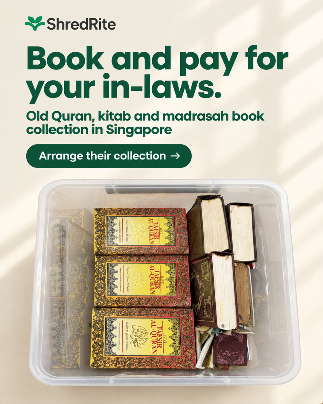 ShredRite Facebook ad: Old Quran, kitab and madrasah book collection in Singapore