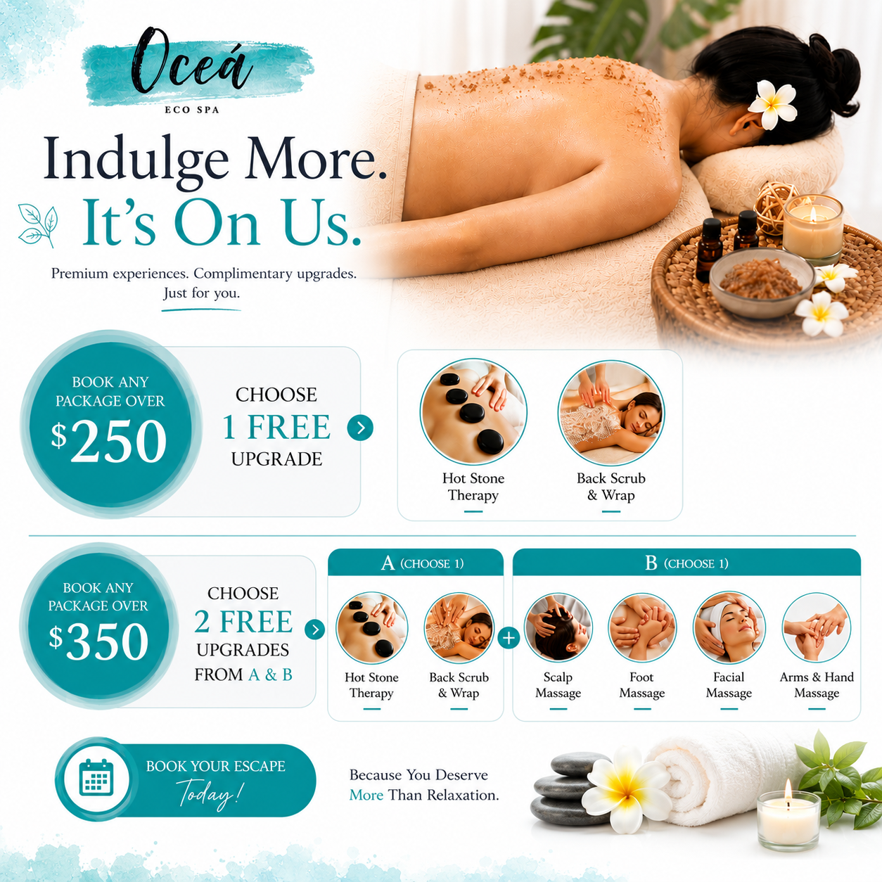 Oceá eco spa Facebook ad: Celebrate Our Birthday With FREE Spa Upgrades