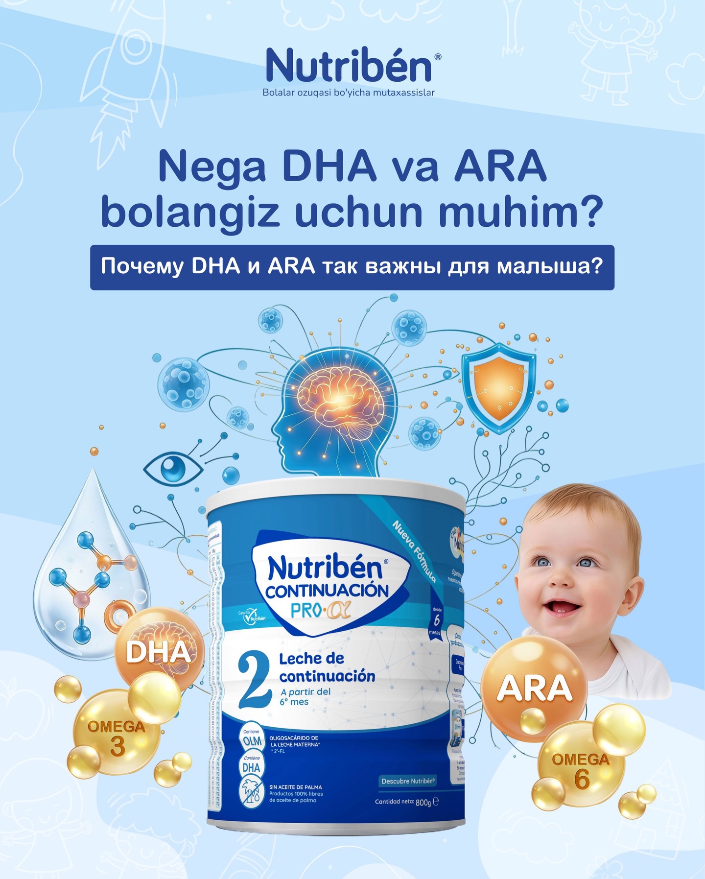 Nutriben.uz Facebook ad: DHA (Omega-3) va ARA (Omega-6), bu marketing yoki…