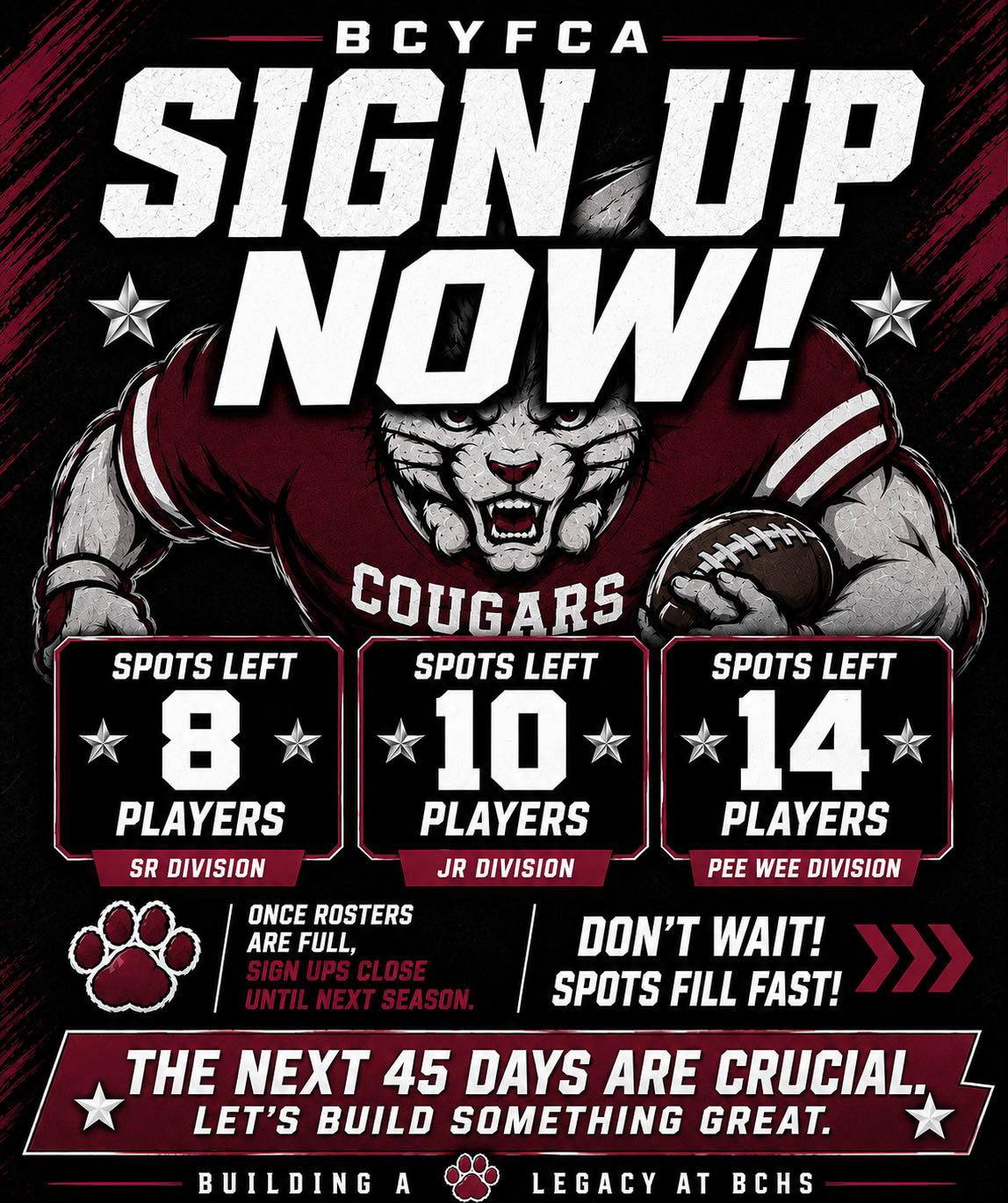 Bullitt Central Youth Football & Cheer Association Facebook ad: BCYFCA SIGN UPS ARE FILLING FAST