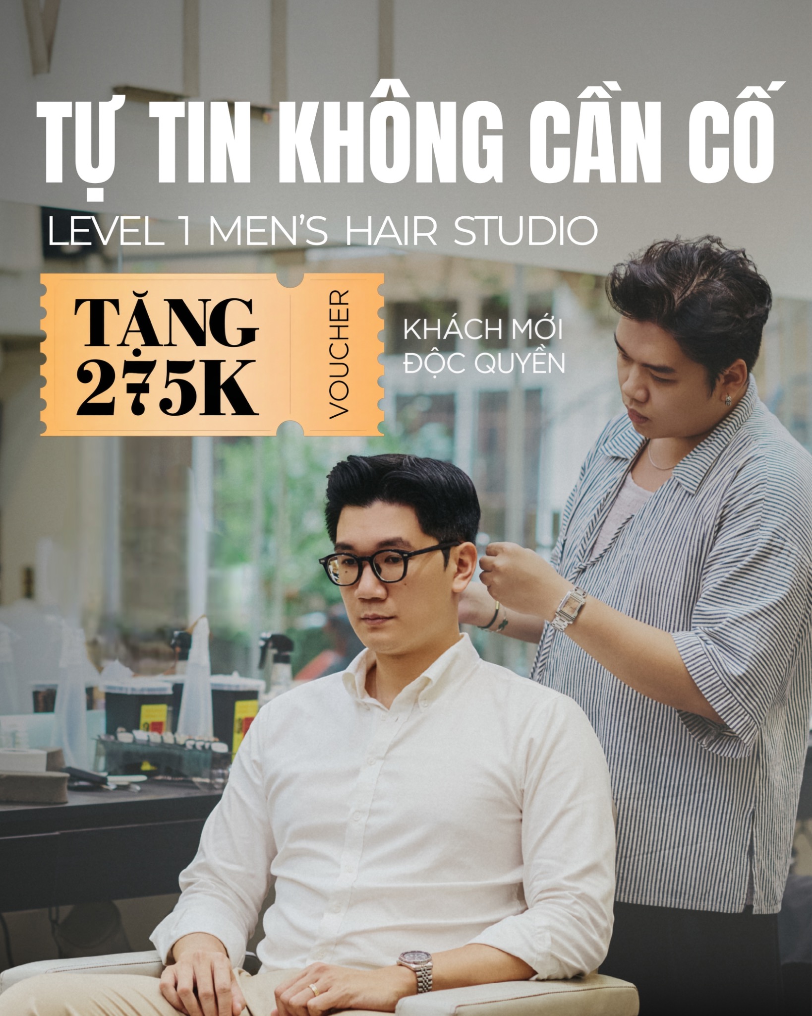 Level 1 Men's Hair Studio Facebook ad: THIẾT KẾ TÓC VỚI LEVEL 1 - NHẬN…