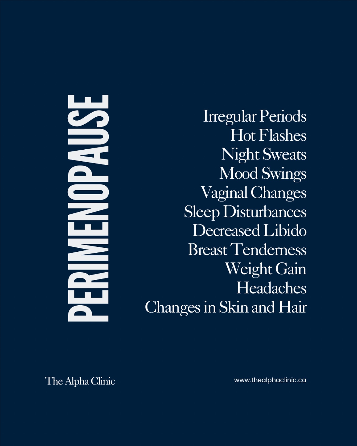 The Alpha Clinic Kelowna Facebook ad: Did you know perimenopause can last 7-10 years…